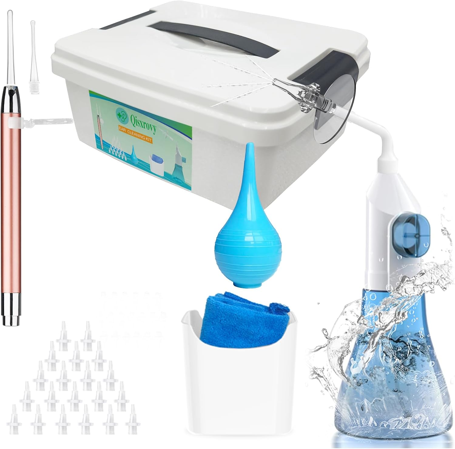 Ear Wax Removal Tool, Ear Cleaning Kits Safe Ear Irrigation Kit Ear Flush Kit for Adults Kids, Ear Wax Washer Device with LED Earwax Spoon, Basin, Bulb, Curette Kit, Towel, Tips, Storage Box Blue image number 1