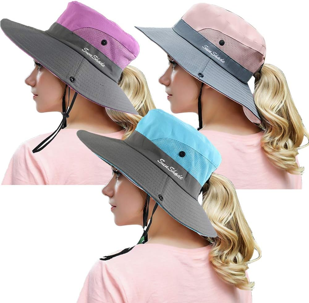 Peicees Women Ponytail Sun Hat, UPF 50+ UV Protection Summer Cap Adjustable Bucket Hat Wide Brim Adventure Cowboy Hat Waterproof Foldable Bonnie Hat, Hiking Beach Fishing Safari Hat for Women