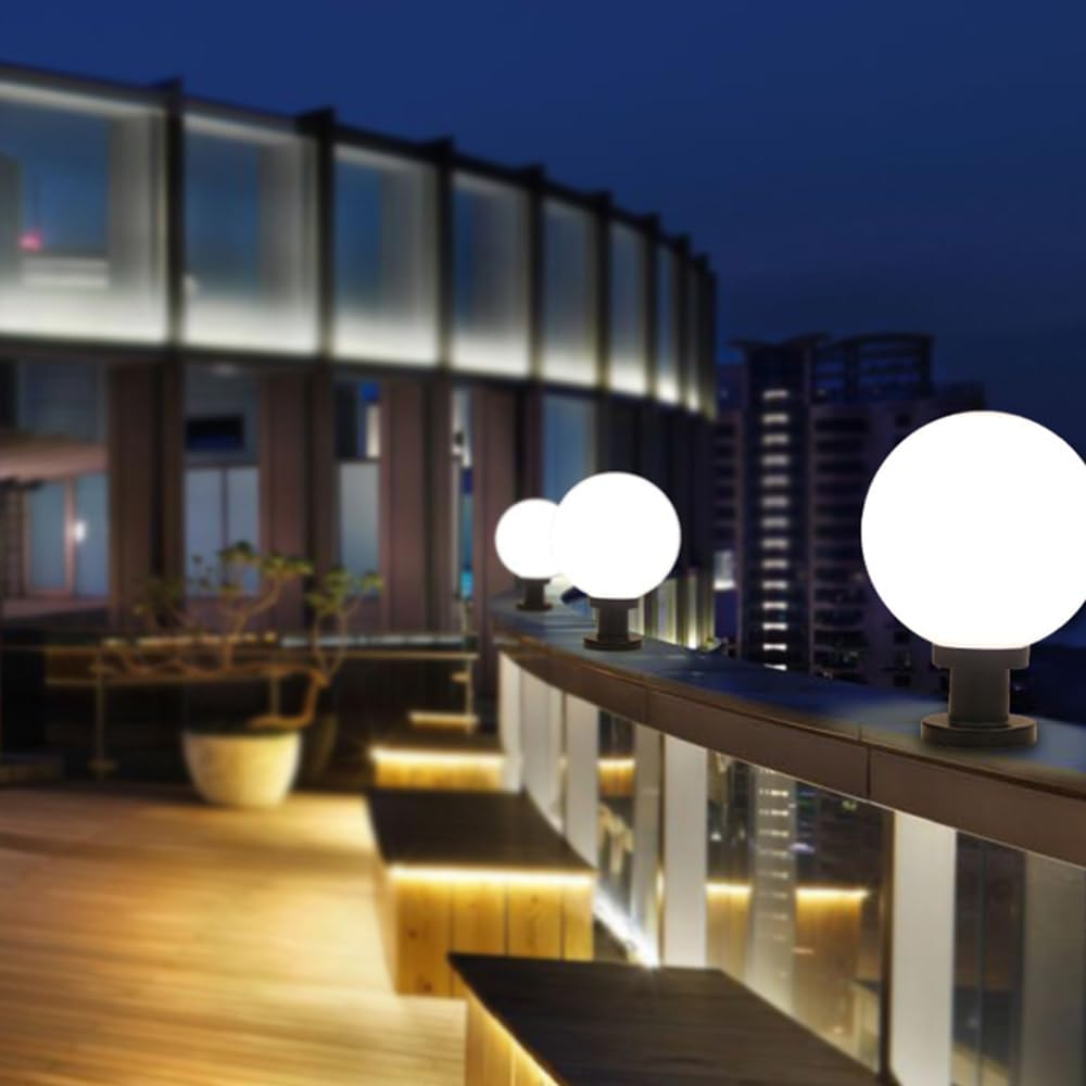 Outdoor Globe Post Light, White Sphere, Waterproof Garden Pillar Lamp, Black Base, E26/E27 (Big)