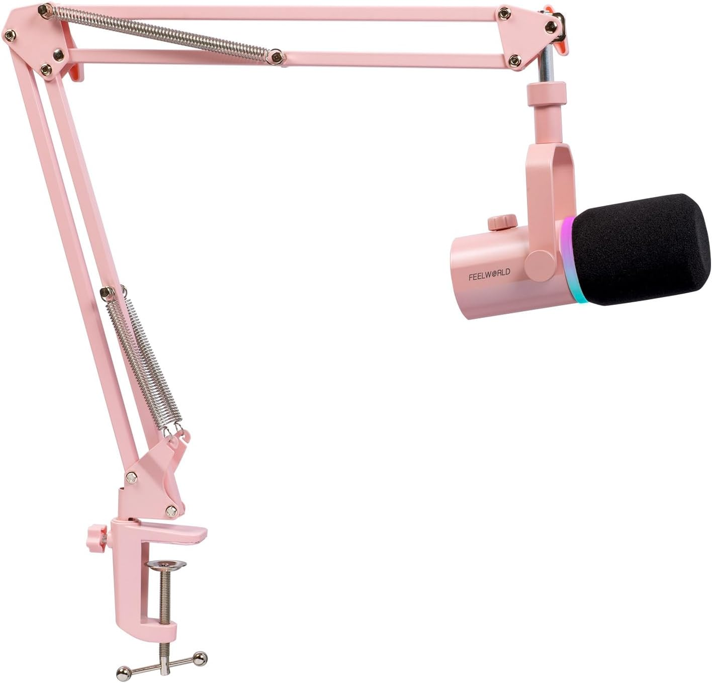 FEELWORLD PM1 XLR USB Dynamic Microphone with Boom Arm Stand for Podcast Recording PC Computer Gaming Live Streaming Vocal Voice-Over, Studio Metal Mic, RGB Light, Mute Button, Headphones Jack (White)