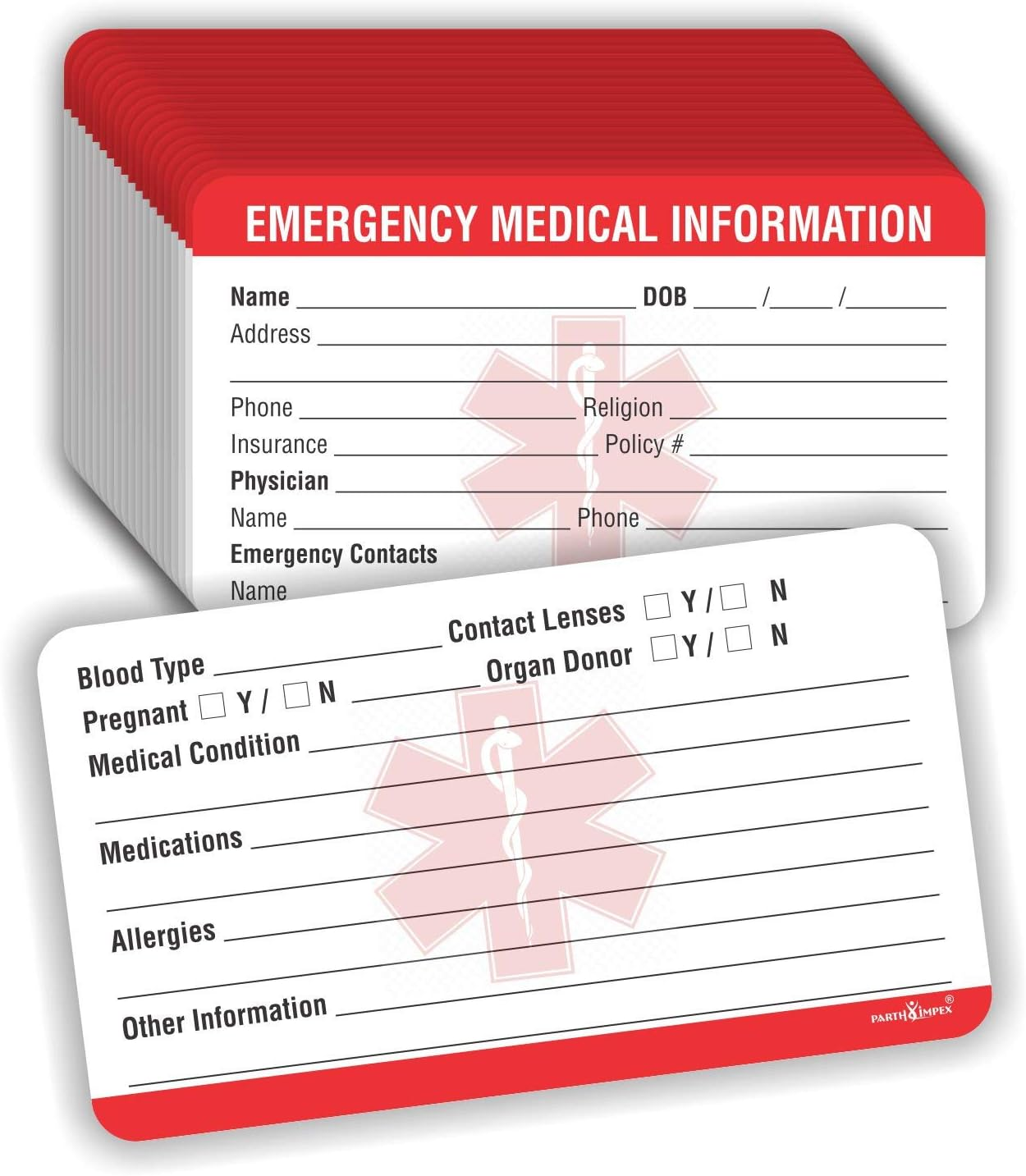 PARTH Impex Emergency Medical Information ID Card (Pack of 25) 3.5" X 2" round Corner 700 GSM Thick Card Stock image number 2
