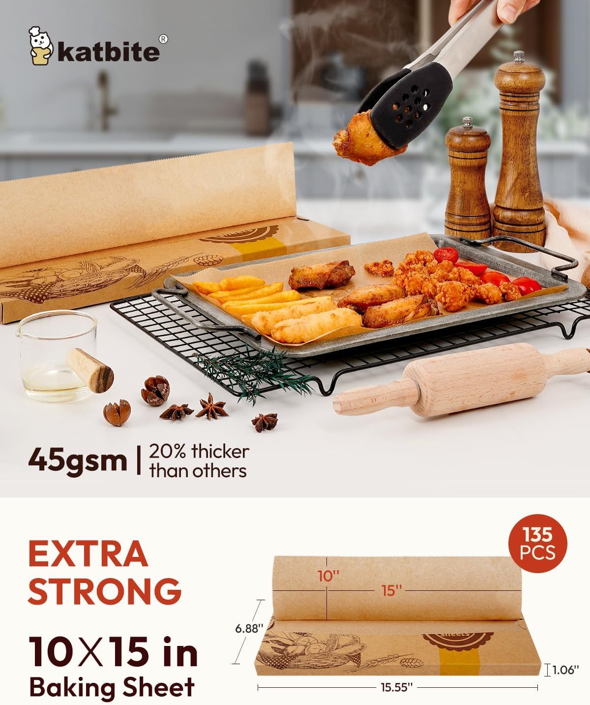 Katbite 135Pcs 45 GSM Pop-Up Parchment Paper Sheets, Heavy Duty & Non-Stick,10X15 in Pre-Cut Unbleached Parchment Paper for Baking, Pop-Up Paper Dispenser for Cooking Wrapping Space-Saving image number 1