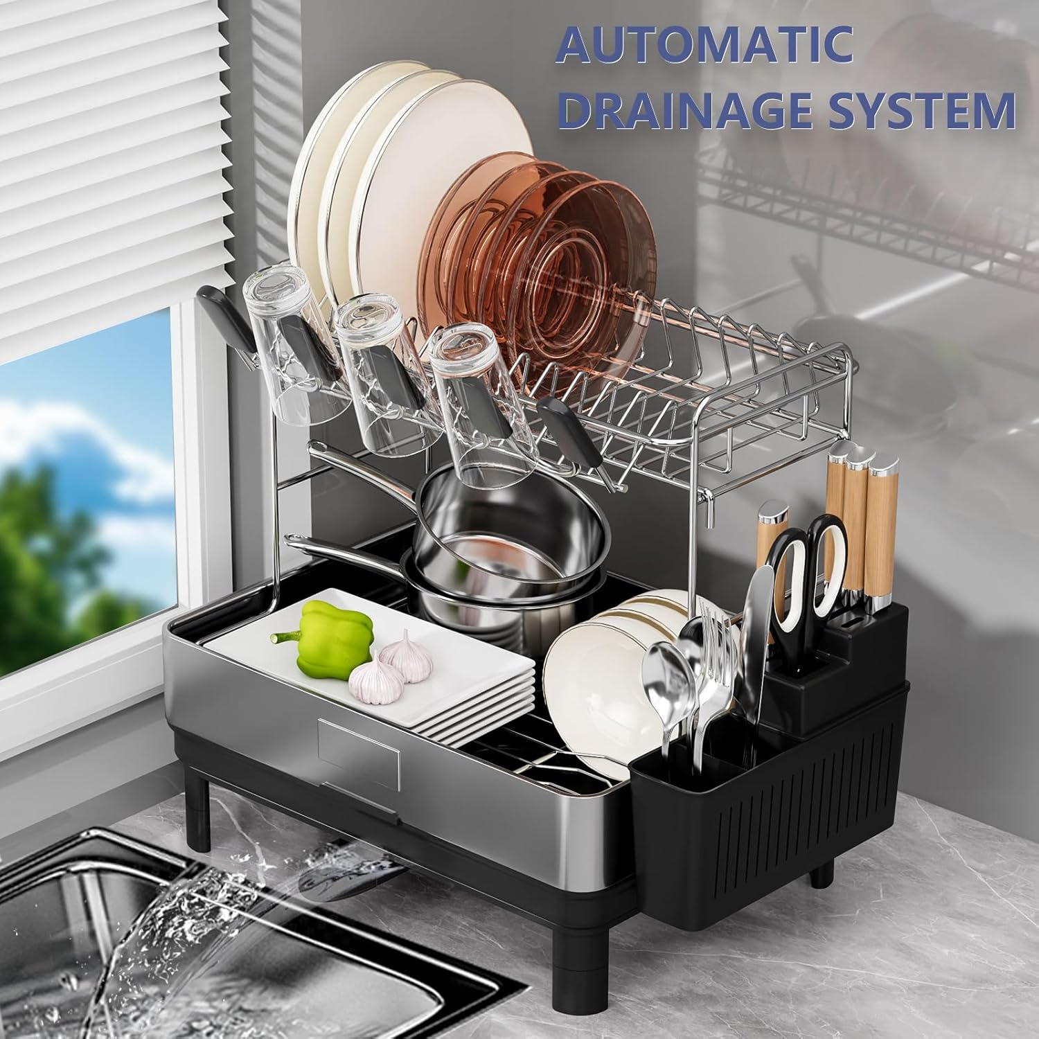 Sandream 2 Tier Dish Drying Rack, 304 Stainless Steel Dish Rack for Kitchen Counter, Large Dish Drainer with 360&deg;Rotatable Drain Spout & Utensil Holder & Cups Holder, Dish Rack with Draining Tray