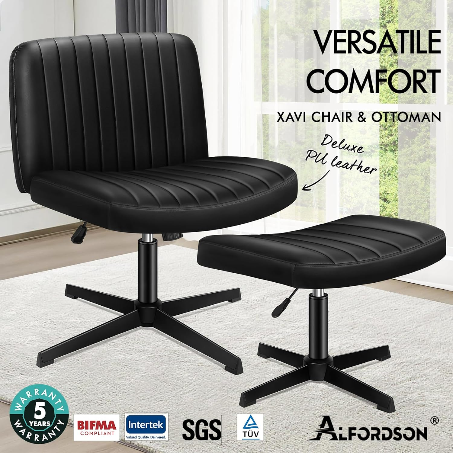 ALFORDSON Criss-Cross Desk Chair with Cross Leg Ottoman Stool, Xavi Series, PU Leather Upholstery, Ergonomic Armless Office Chair with Channel-Tufted Mid-Back Design, 180Kg Capacity, Black image number 3