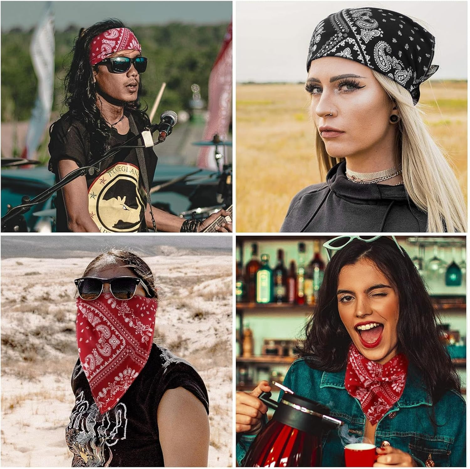 Kzvsiy 2-Pack Boho Head Kerchiefs, Elastic Hair Scarf Headbands, Paisley & Floral Chiffon Triangle Bandanas, Adjustable Turban Headwraps, Floral Hair Scarves for Women & Girls (Claret, Black) image number 4