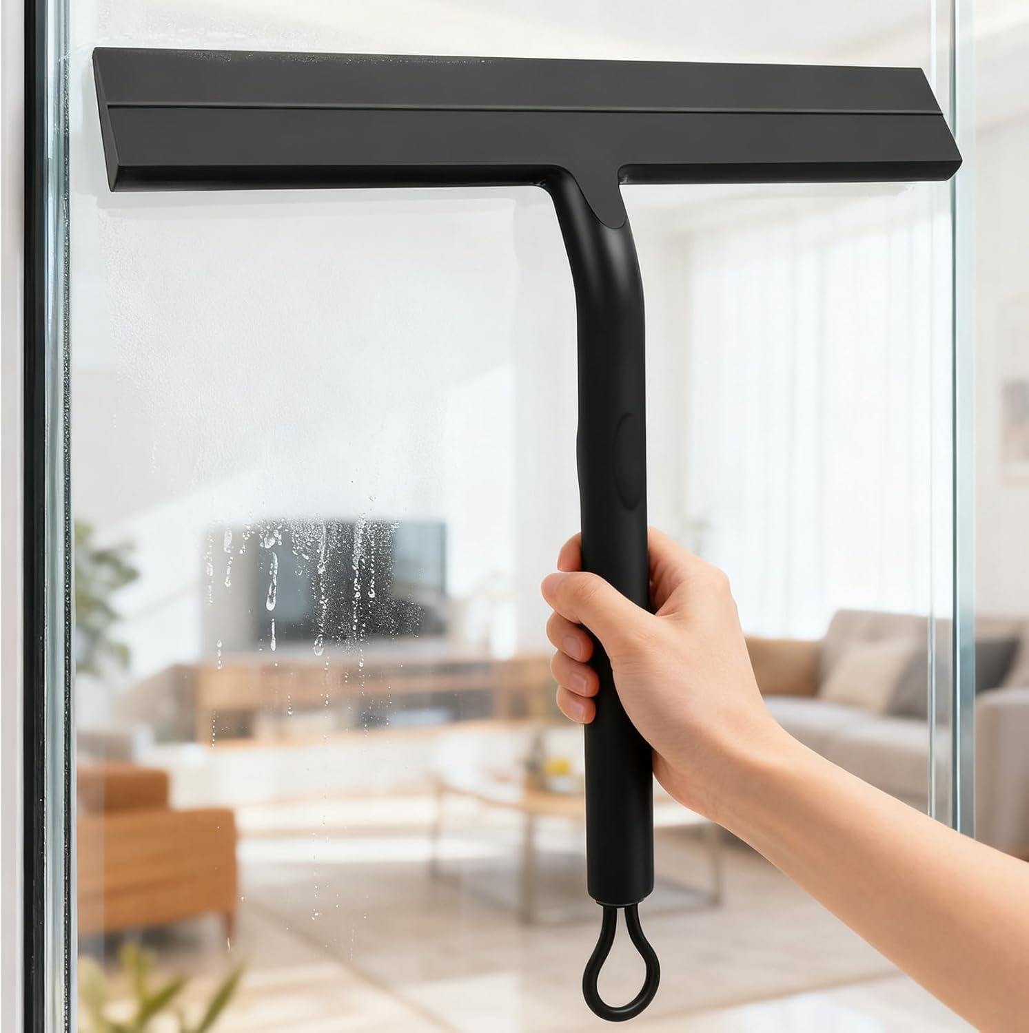 Shower Squeegee with Stainless Steel Core, Silicone Shower Screen Cleaner with 2 Hooks, Black Window Squeegee Scraper with Handle for Home & Car Mirror Glass Doors Screen Windows Cleaning image number 3