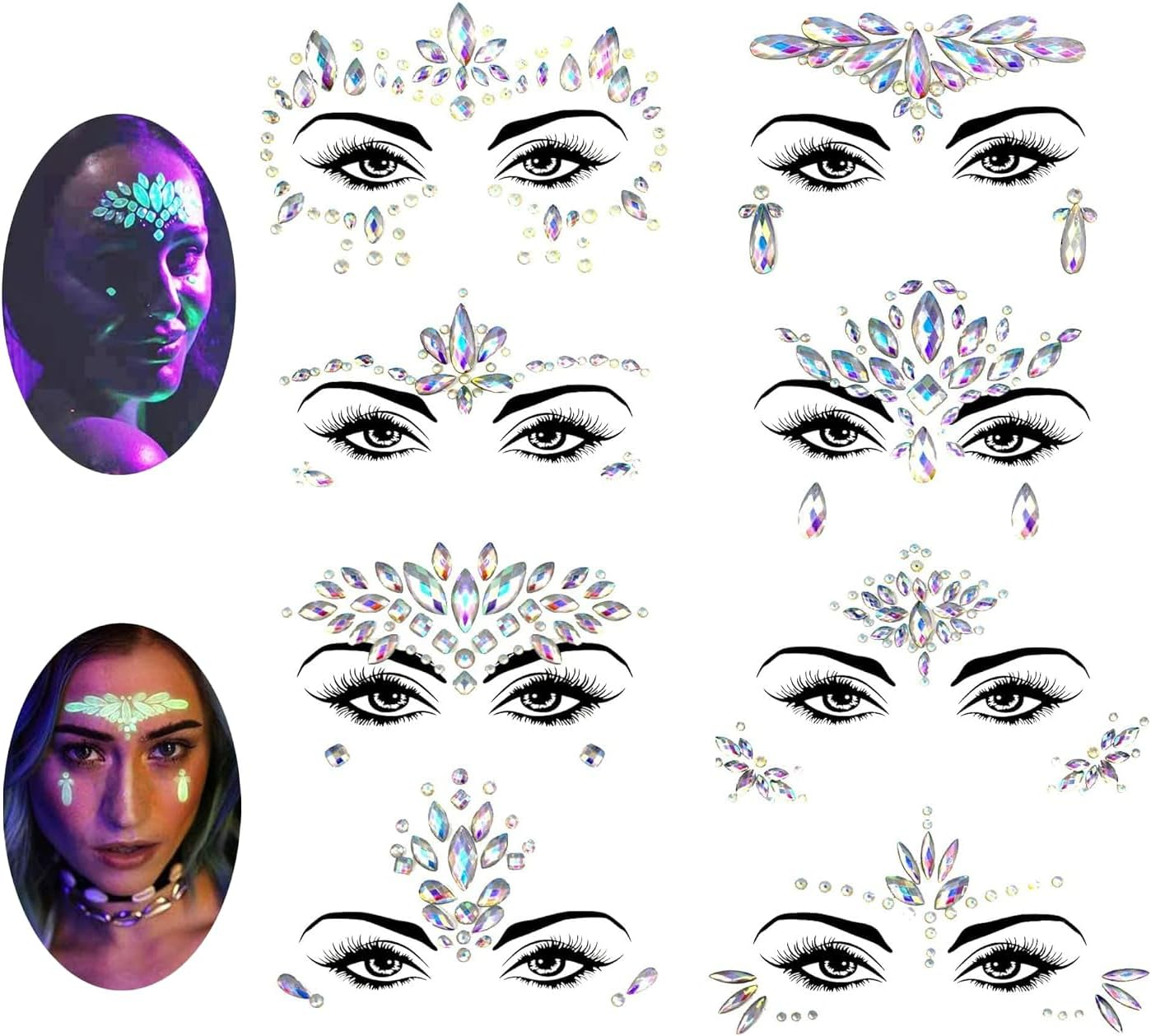 Glamifyr Pack of 8 Glow-In-The-Dark Gemstones for Face, Face Gemstones, Luminous Temporary Tattoo Stickers, Acrylic Crystal, Glitter Stickers, Waterproof, Jewellery, Tears, Rhinestones for Party