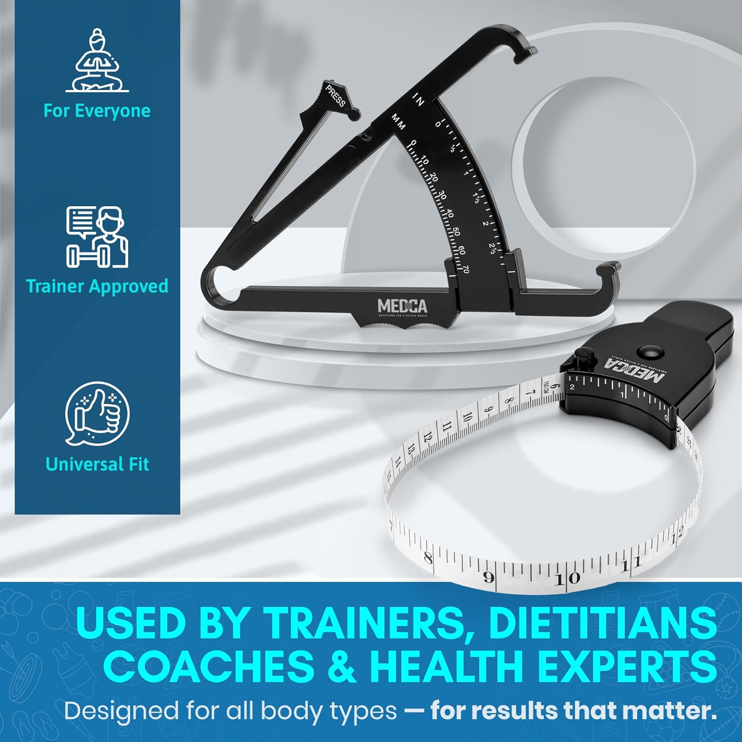 Medca Body Fat Caliper and Measuring Tape for Body - Skinfold Calipers and Body Fat Tape Measure Tool for Accurately Measuring BMI Skin Fold Fitness and Weight-Loss, (Black)