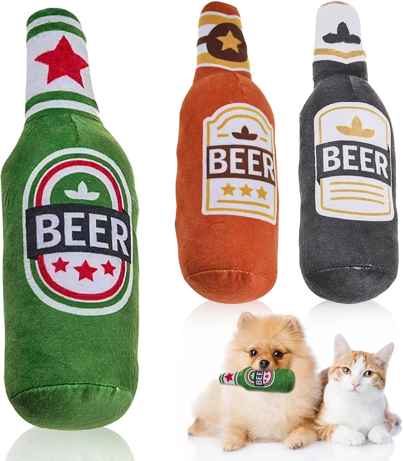 HOMURY Pack of 3 Plush Dog Toy, Squeaky Soft Beer Bottle Cat Toys with Catnip Paper, Plush Beer Bottle Toy, Chew Toy for Cats and Dogs image number 2