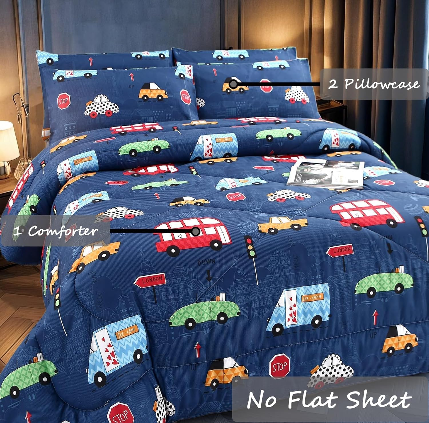 MAG 3Pcs Cartoon Car Bedding Comforter Set, Blue Cute Twin Comforter Set for Toddlers,Kids,Boys Teens and Girls,Super Soft Microfiber,Twin Size image number 2