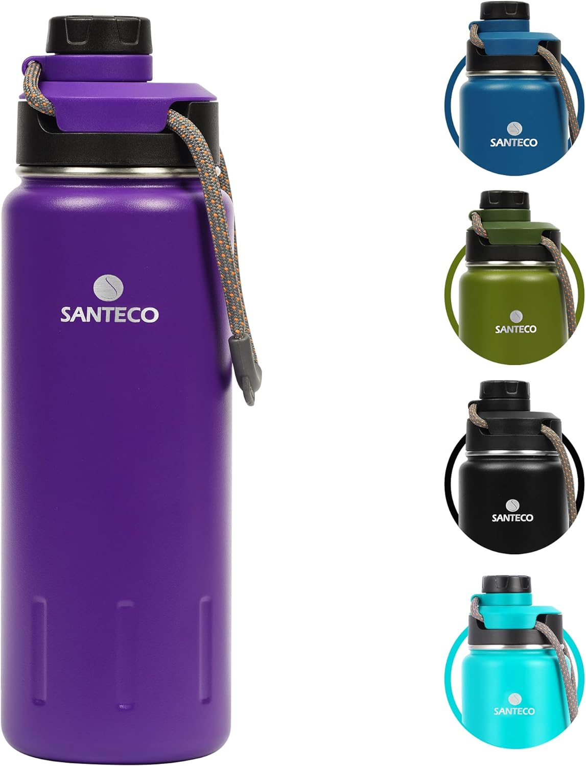 Santeco Insulated Water Bottles 24 Oz, Stainless Steel Flask with Lanyard & Wide Mouth Spout Lid, Leak Proof Double Wall Vacuum Drink Bottle, Keep Drinks Hot & Cold for Hiking Camping - Purple image number 3