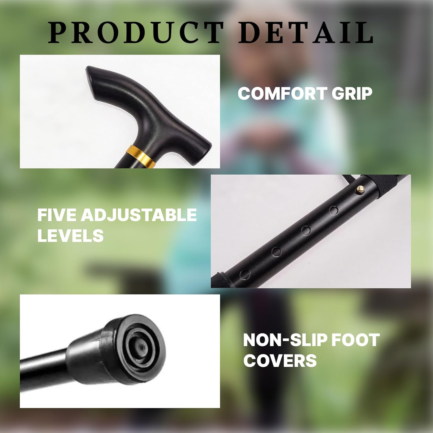 5-Level Folding Walking Cane &ndash; Adjustable 85-95Cm Aluminum Stick with TPR Tip (26Cm Folded, Black) image number 3
