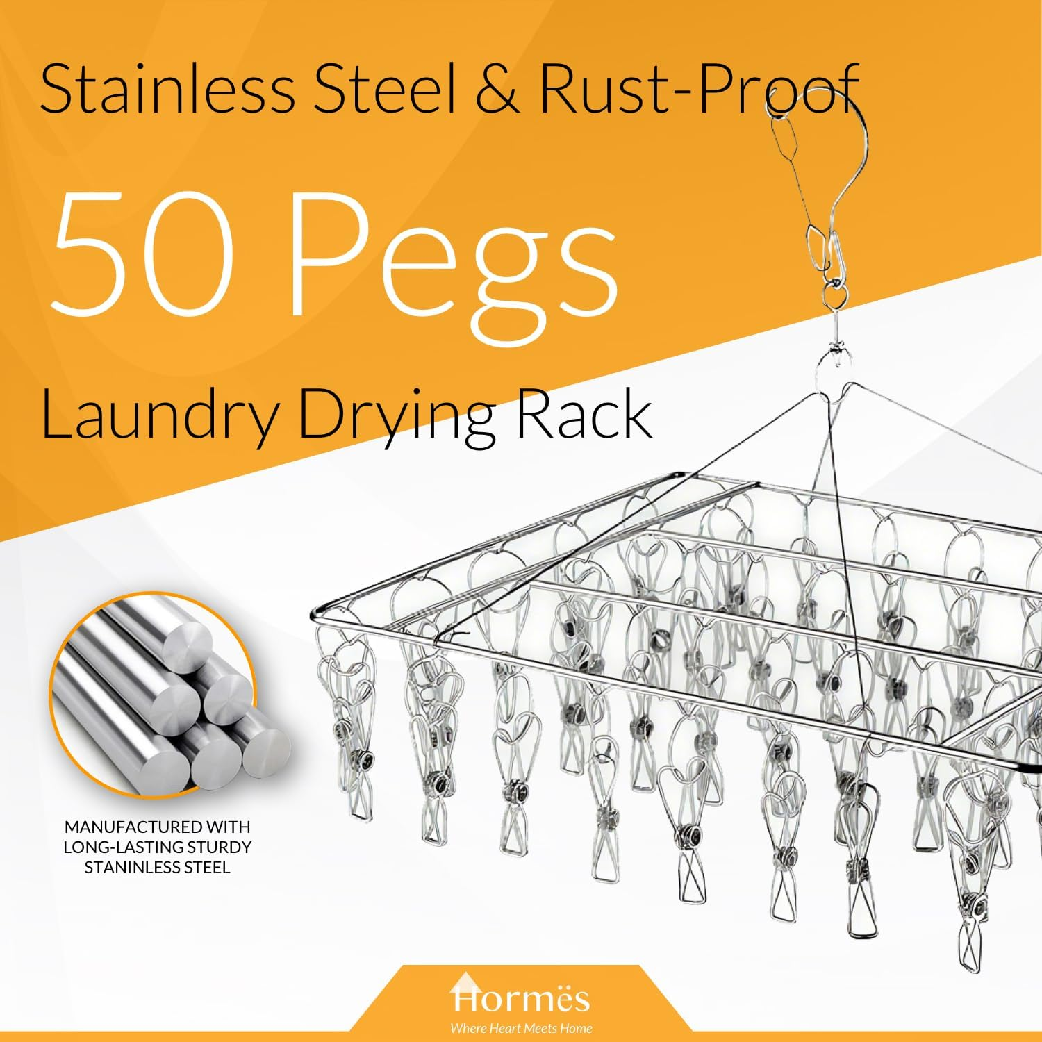 Stainless Steel Clothes Drying Rack with 50 Pegs, Underwear Dryer Hanger with Windproof Hook, for Drying Socks, Bras, Lingerie, Towels & Scarves, Laundry Accessories for Outdoor & Indoor Use image number 6