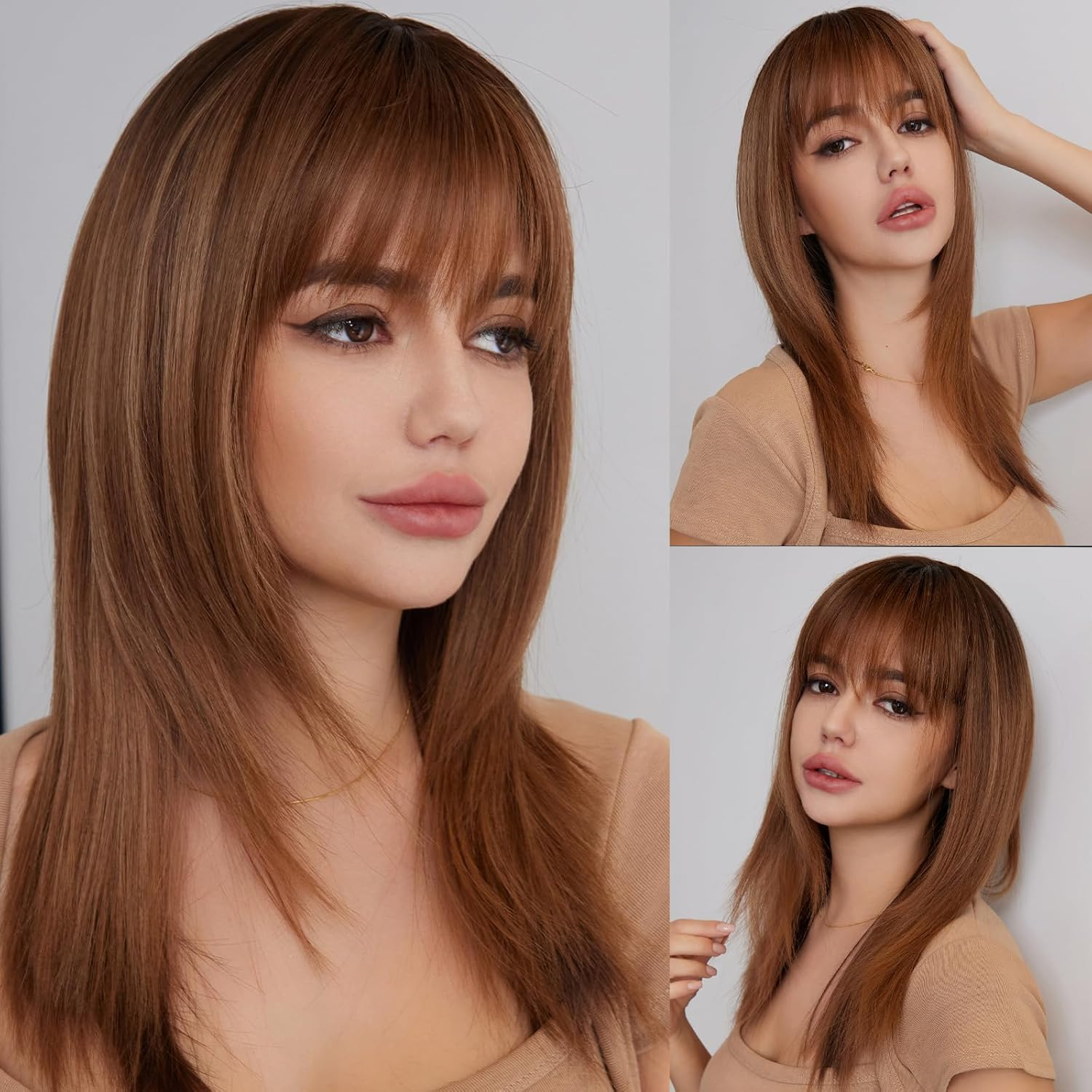 WOKESTAR Long Straight Wigs for Women with Fringes, Layered Synthetic Blonde Colour Wigs for Women