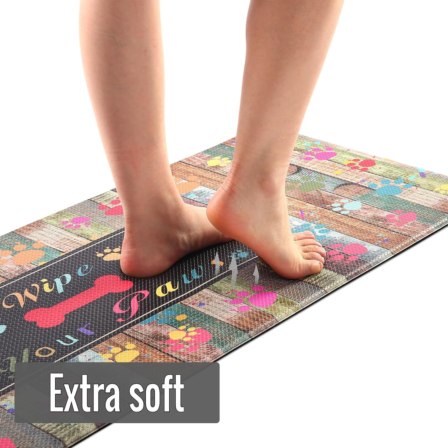 Kitchen anti Fatigue Mat Set of 2,Waterproof Non-Skid Cushioned Kitchen Floor Mat Comfort Standing Mat for Home, Office, Sink, Laundry, Colorful Paws (Black/Green) image number 2