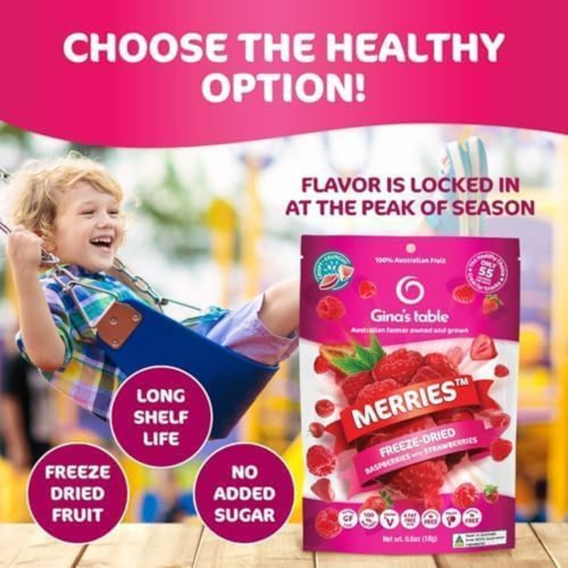 Gina&rsquo;S Table Merries &ndash; Freeze Dried Raspberries & Strawberries &ndash; Healthy Fruit Snack for Everyone, 100% Australian Farm Fruit, No Added Sugar, Rich in Antioxidants & Fibre, Low Calorie, Vegan &ndash; 10 X 18G Value Pack image number 2