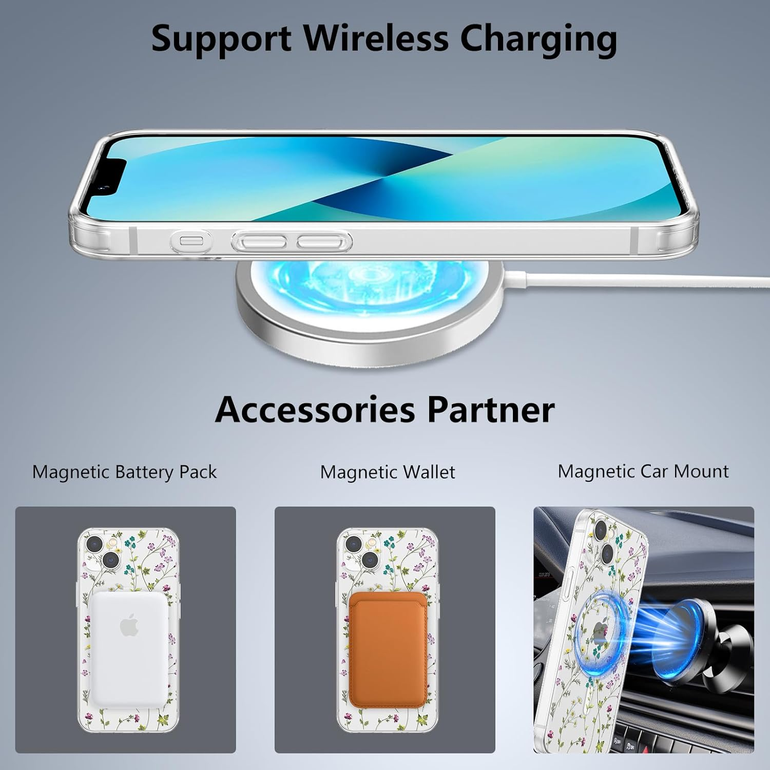 RALEAVO for Iphone 13 Case Compatible with Magsafe Clear Floral Cover with Flower Branch Pattern for Girls Women Slim Cute Hard Back Shockproof Phone Case for Iphone 13,Transparent image number 2