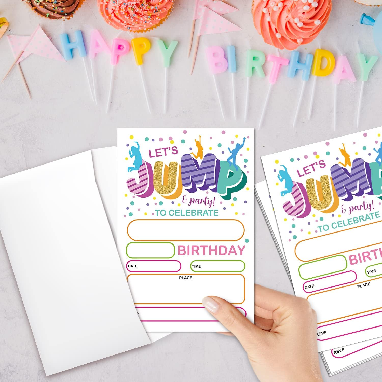 Jump Party Birthday Invitations, Bounce House Trampoline Party Invitations for Boys Girls Kids, Jumping Party Invitations, Jump Party Invites (20 Sets 4" X 6" Cards with 20 Envelopes) - Himo350 image number 3