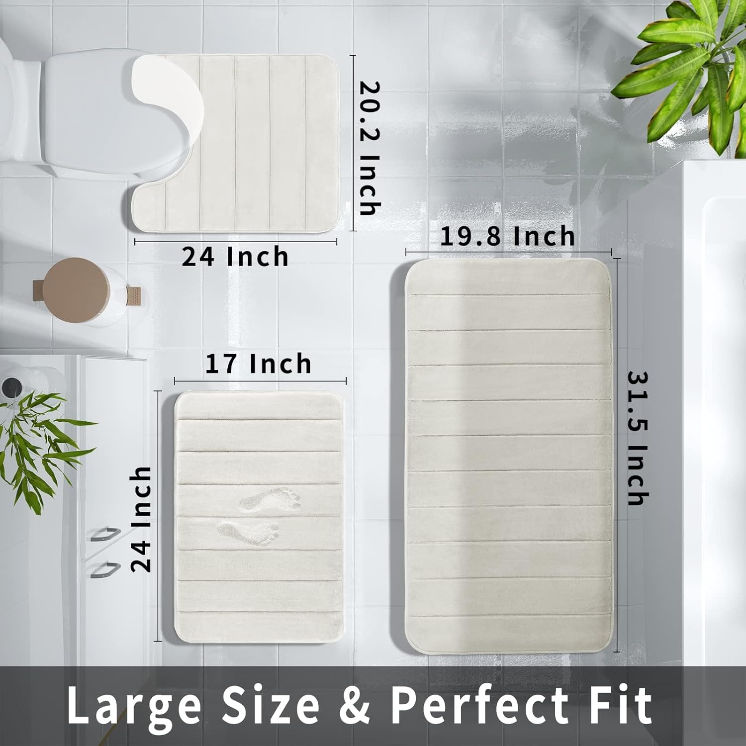 Yimobra 3 Pieces Memory Foam Bath Mat Sets, 31.5 X 19.8 + 17X24 and U-Shaped for Bathroom Rugs, Toilet Mats, Non-Slip, Soft Comfortable, Water Absorption, Machine Washable, Cream White