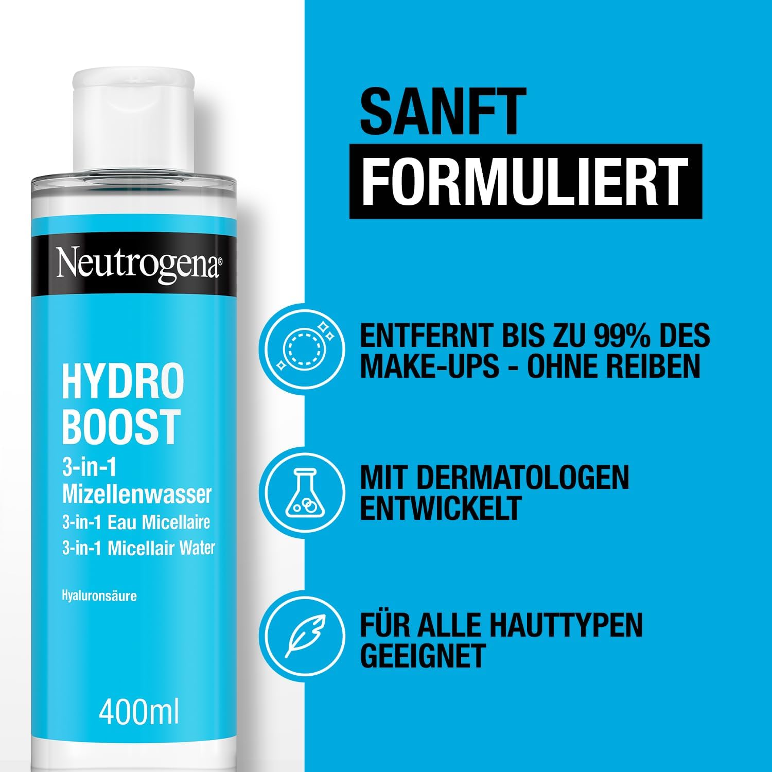 Neutrogena Hydro Boost Micellar Water, Effective Face Cleansing with Hyaluronic Acid, Gentle Makeup Remover, Moisturising Micellar Cleansing Water for All Skin Types, 400 Ml image number 5