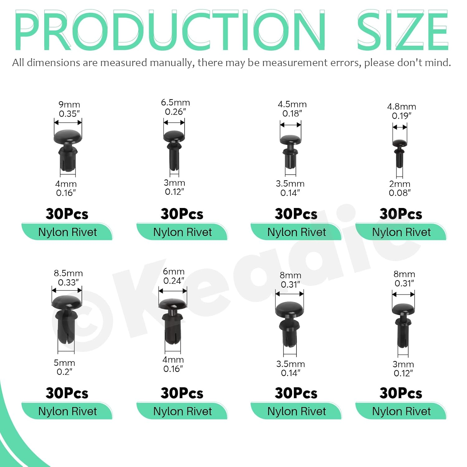 Keadic 240Pcs 8 Sizes Nylon Rivets Push Type Panel Retainer Fastener Clip Assortment Set, Black PCB Circuit Panel Fasteners for Car Bumper Door Trim Interior Panels image number 2