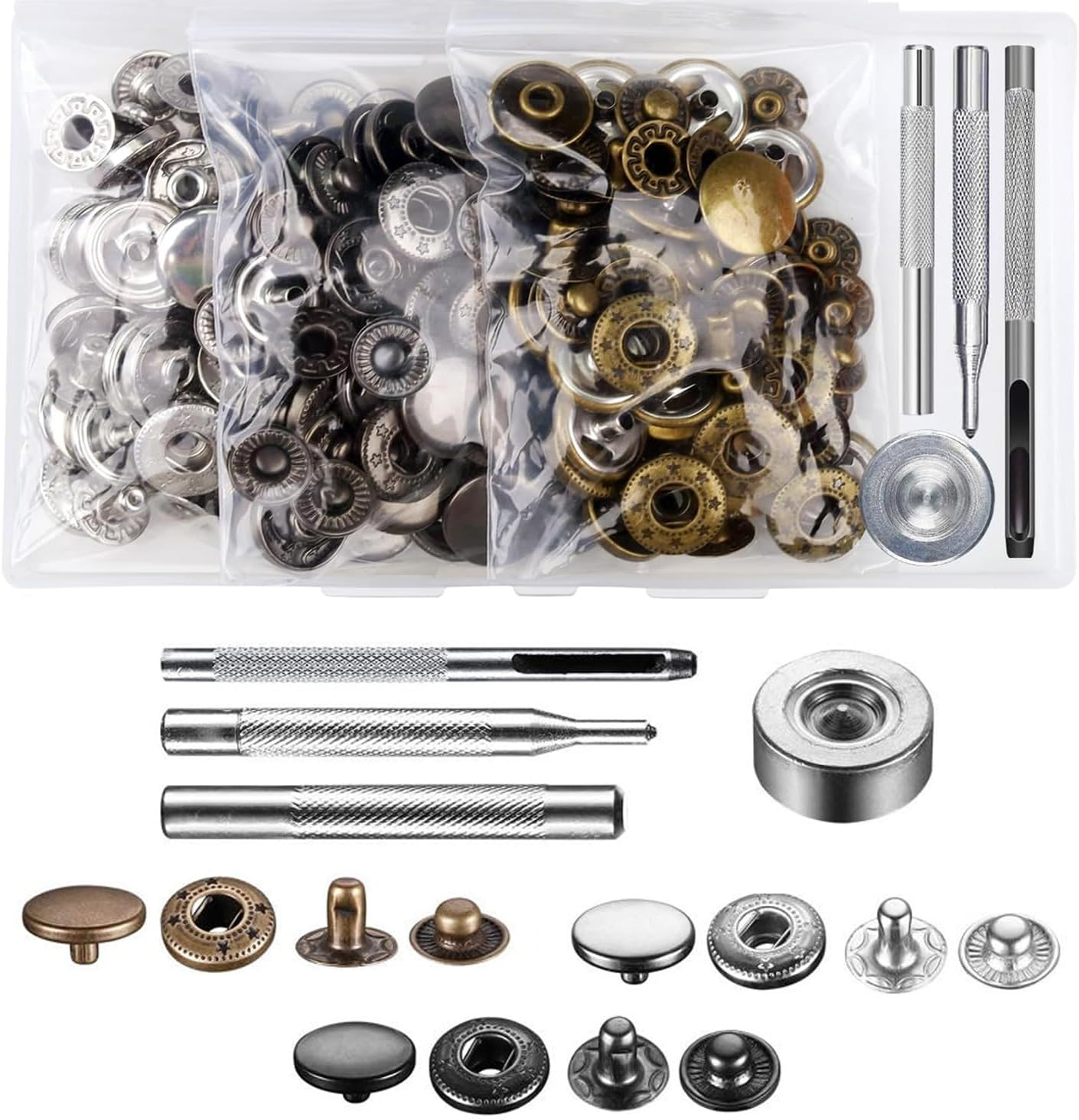 45 Sets Snap Fasteners Kit 15Mm Stainless Steel Metal Snap Fasteners Kit with 4 Install Tools 3 Color Leather Snaps for Thin Leather, Jacket, Jeans Wear, Bracelet, Bags，Diy Crafts image number 1