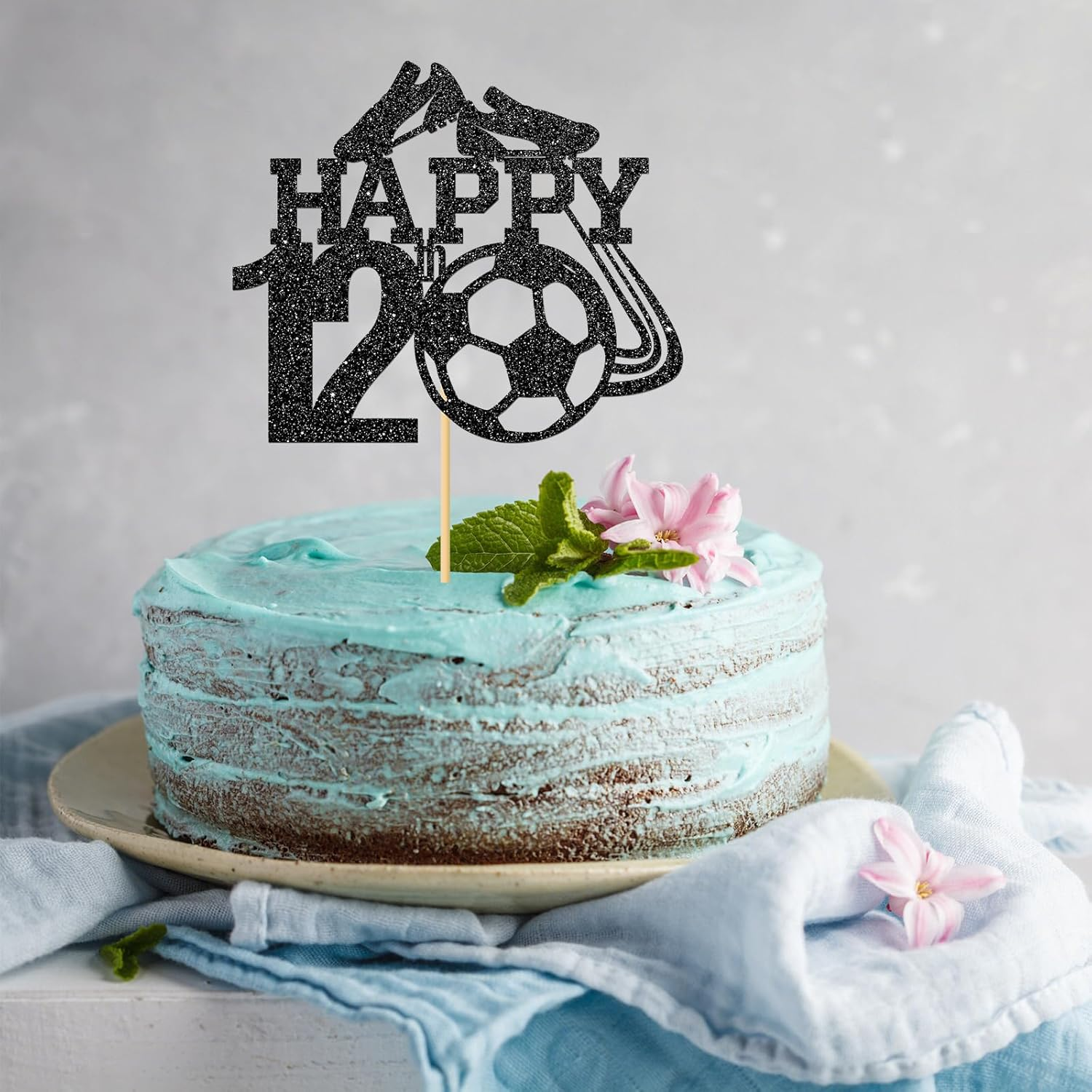 Monmon & Craft Soccer 12Th Birthday Cake Topper/Sport Theme Soccer Ball Cake Docer/Soccer Player Boy 12Th Birthday Party Decorations - Black Glitter image number 2