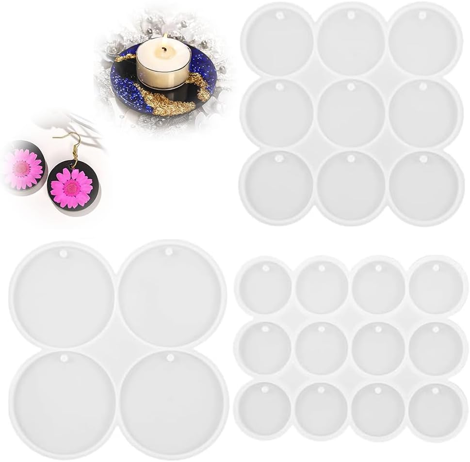 3 Pcs Large+Medium+Small Silicone Circle Molds, with for Keychain, Jewelry Making, Pet Tag, Epoxy Resin Art, round Casting Molds with Hole, DIY Crafts Jewelry Pendant Earring