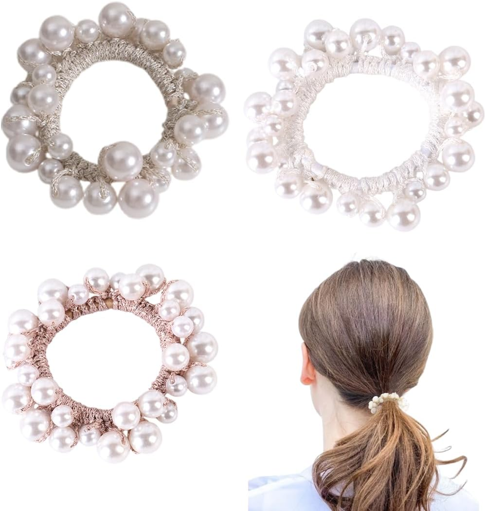 Pack of 3 Hair Bobbles, Pearl Hair Ties, Elastic Hair Tie for Women Girls, Hair Accessories for Women, Girls, Ladies, Children image number 2