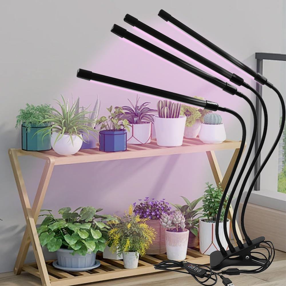 TOMVAES Clip on LED Grow Light for Indoor Plants, Full Spectrum 40W Leds Clip Plant Lights with Flexible Gooseneck, 3/9/12H Timer, 9 Level Brightness, 3 Spectral Modes,4 Tubes image number 1