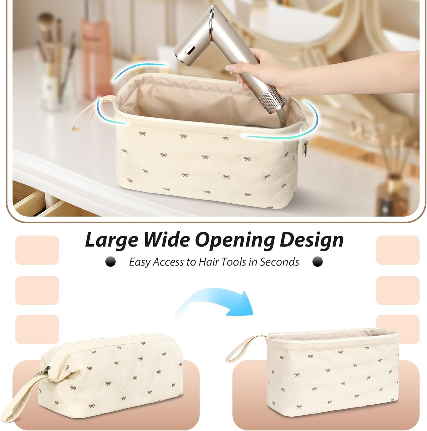 Linpr Shark Flex Style Case, Travel Hair Dryer Bag Compatible with Dyson Airwrap, Quilted Hair Tool Organizer Bag with Bow Pattern, Portable Carrying Case for Flat Curling Iron Accessories (Beige) - Beige image number 6