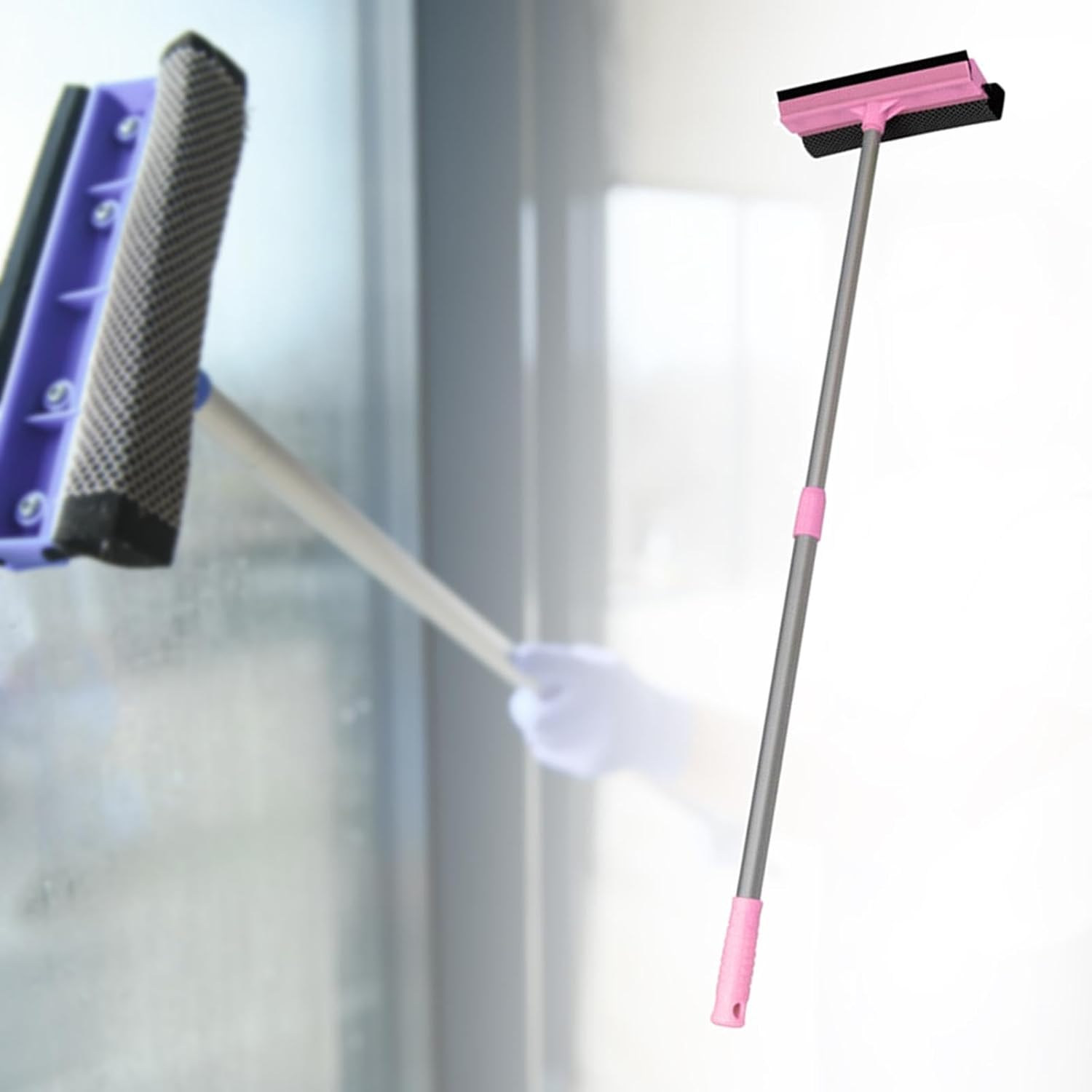 Yuksok Window Squeegee Cleaning Brush Double Sided Telescopic Pole Mirror Washer 2 in 1 Window Cleaner for Glass Dorm Tiles Bathroom, Pink image number 2