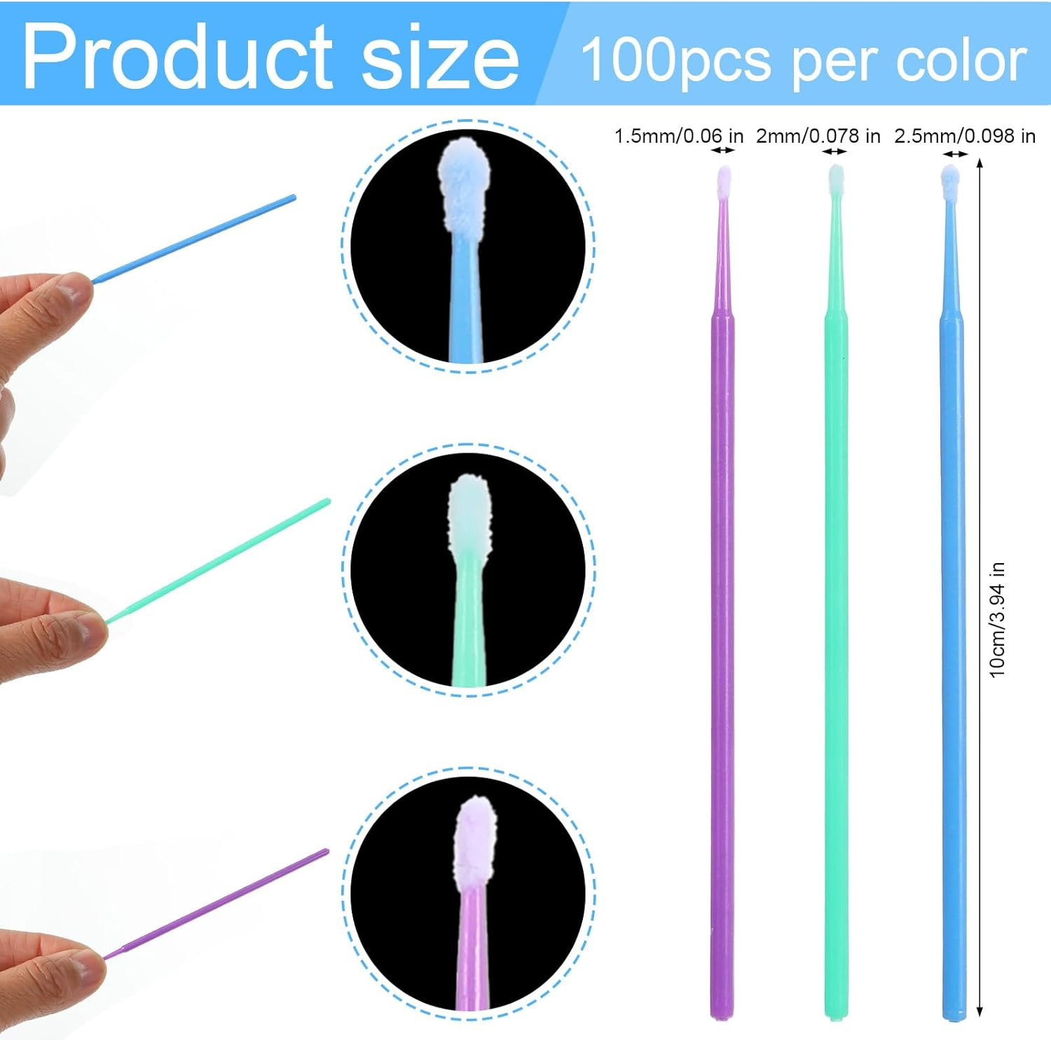 300Pcs Micro Applicator Brush,Touch up Paint Brushes for Automotive Paint Chip Repair Disposable, 3 Different Sizes of Micro Applicators 1.5Mm, 2Mm, 2.5Mm, Blue Green Purple image number 5