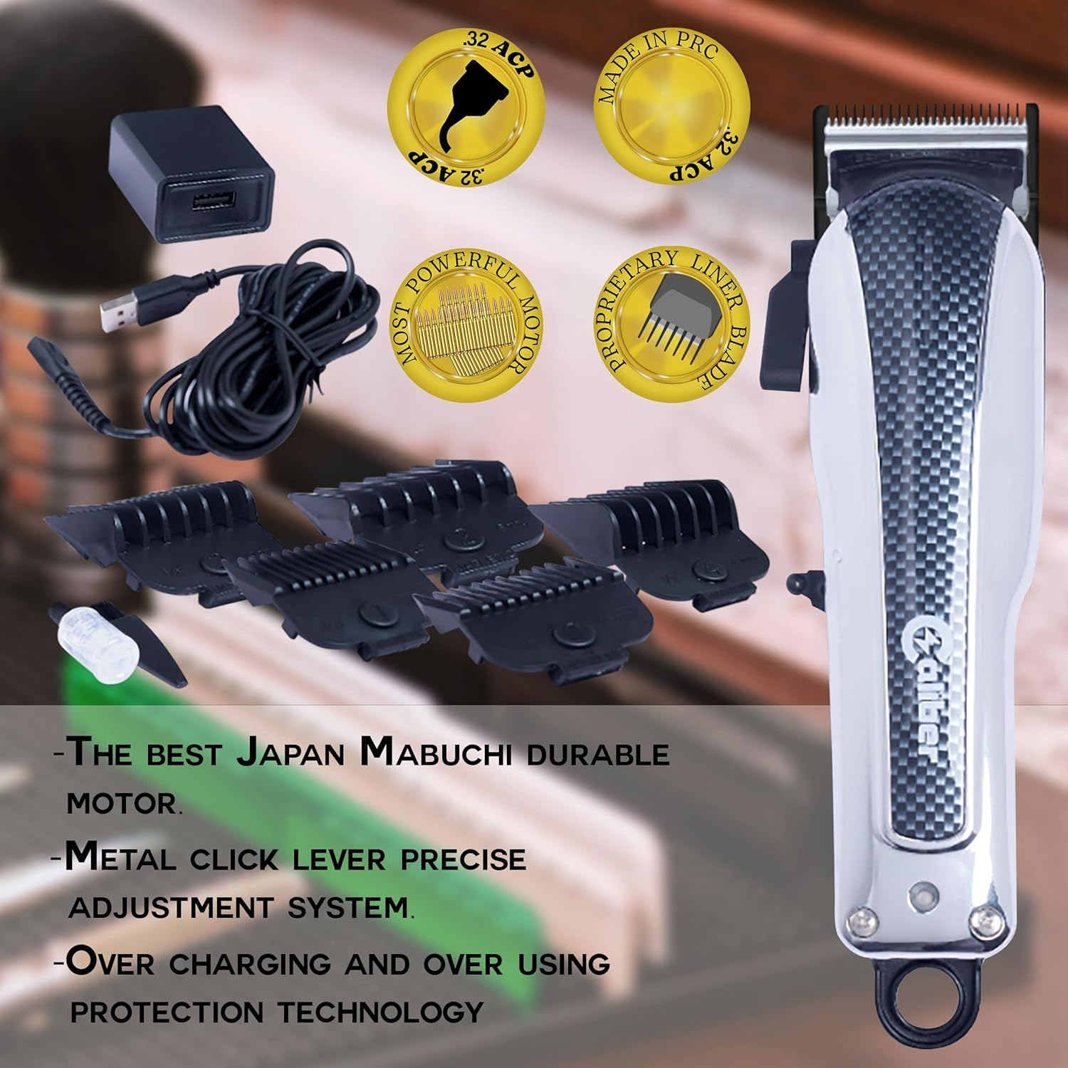 Caliber Pro 9MM Mabuchi Clipper - Professional Hair Cutting Tool Set - Cordless Electric Clippers with 5 Comb Guards, Blade, Oil, USB Charging Cord & Brush - Personal Hair Grooming Kit for Men image number 4