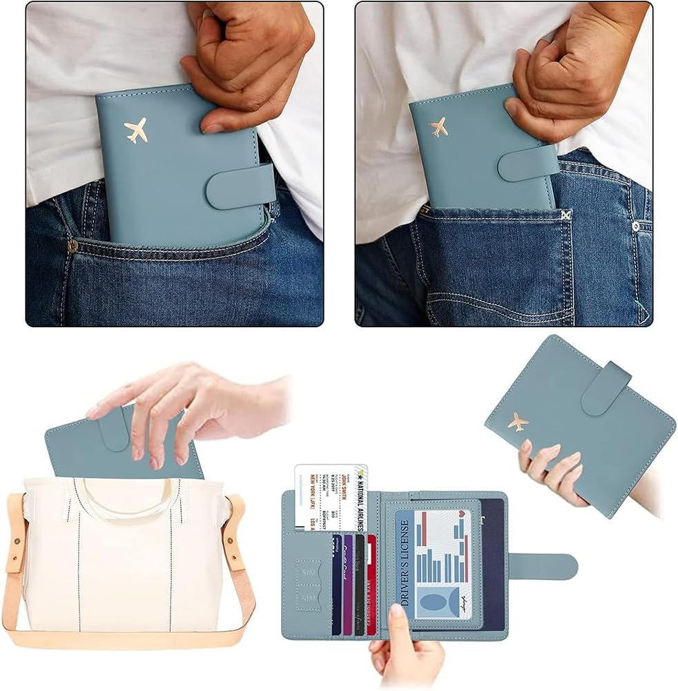 Passport Holder with Leather Luggage Tags, Travel Wallet Set, Haves Accessories Passport Book Holders for Women and Men (Pink) - Blue image number 1