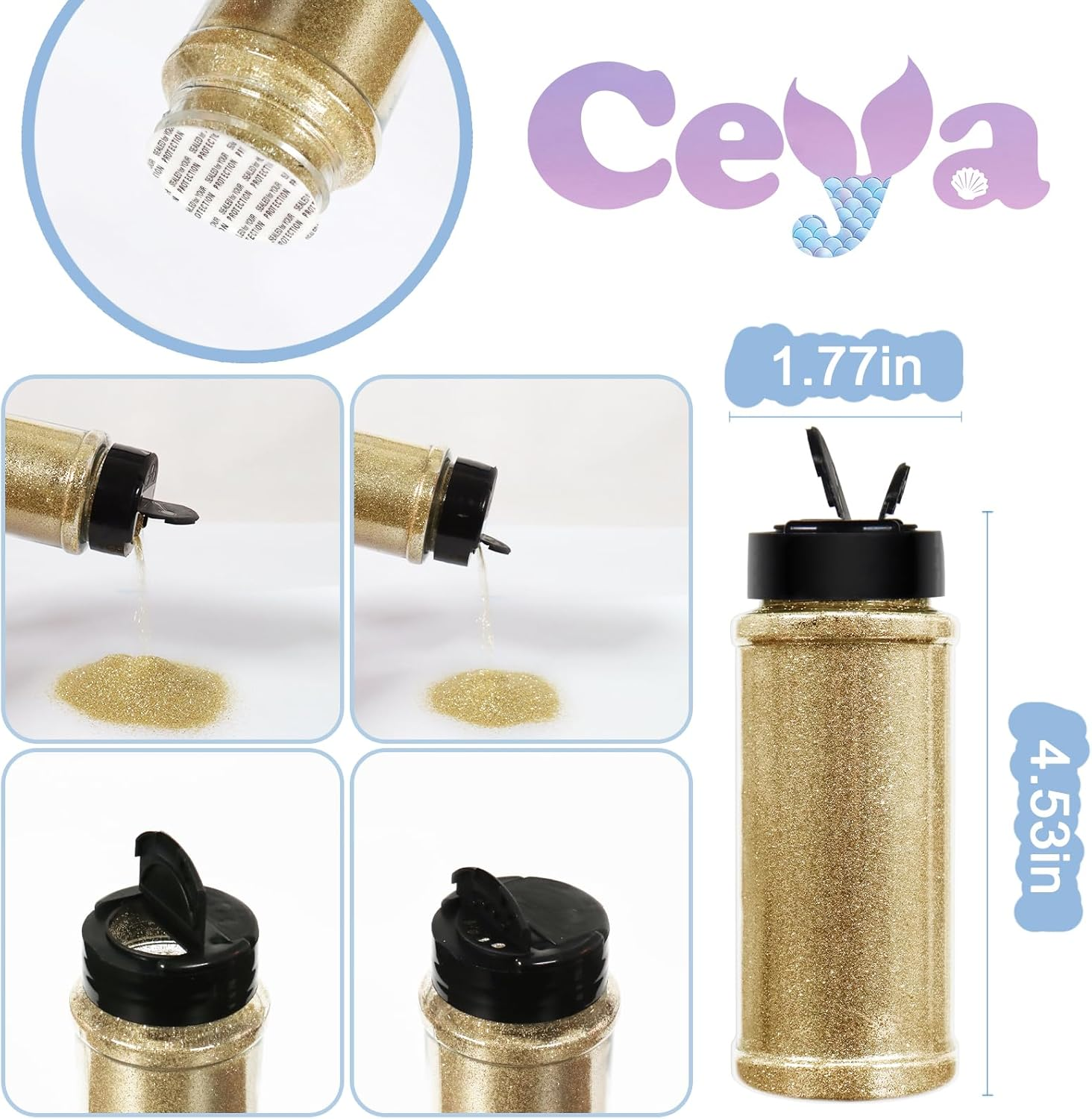 Ceya 3.8Oz/ 110G Ultra Fine Glitter Powder Champagne Gold Glitter 1/128&rdquo; 0.008&rdquo; 0.2Mm for Resin Tumbler Jewelry Nail Art Face Body Festival Makeup Scrapbook Wedding Cards Painting Arts - Black image number 6