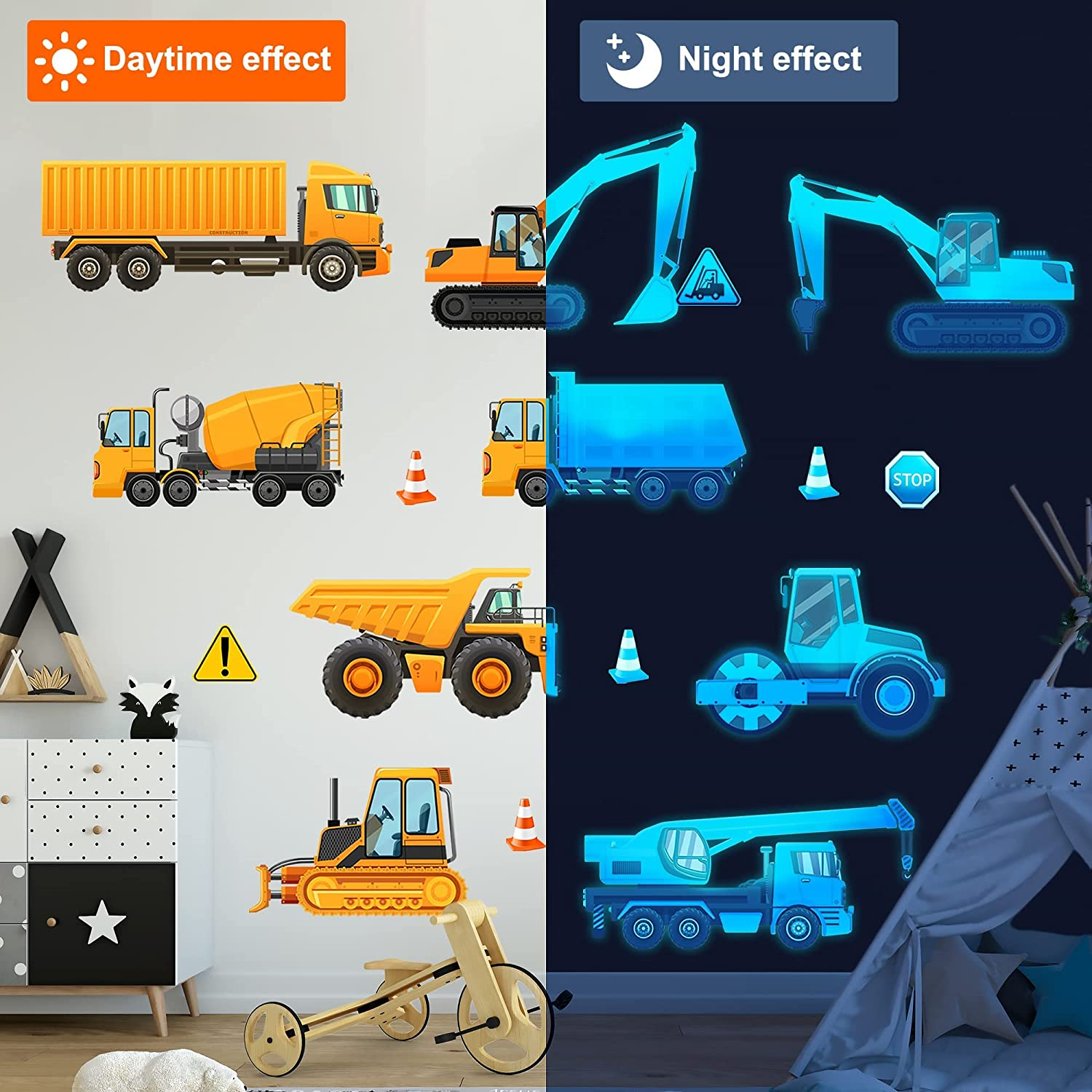 Construction Wall Decals Glow in the Dark Wall Stickers City Vehicles Car Wall Decal Luminous Truck Excavator Tractor Decals Transportation Sticker Boys Kids Bedroom Playroom Nursery Ceiling Decor image number 2