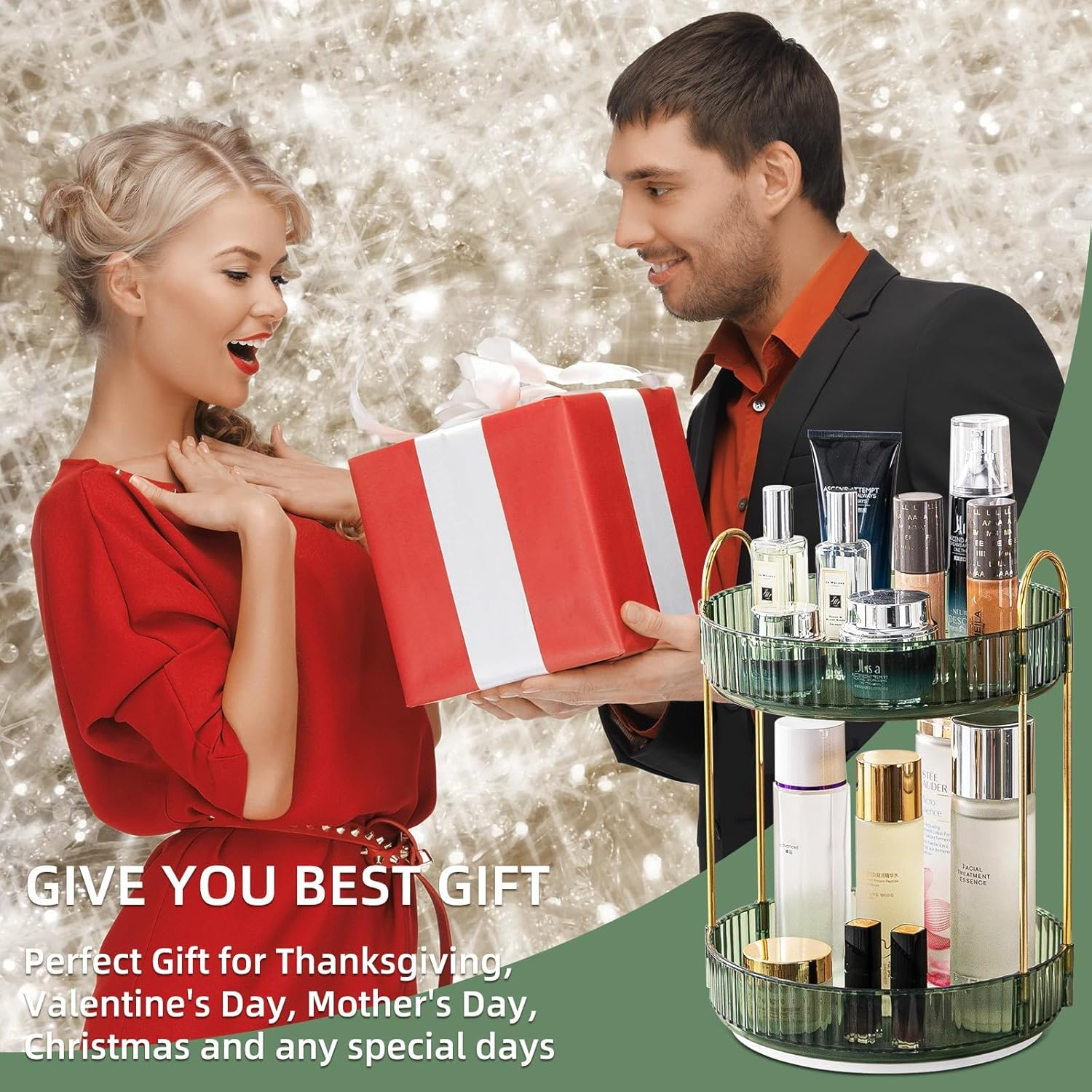 Makeup Organizer for Vanity, 360&deg; Rotating Bathroom Organizer Countertop, High-Capacity Skincare Organizer, Spinning Cosmetics Organizer for Dresser Countertop (2 Tiers, Green)