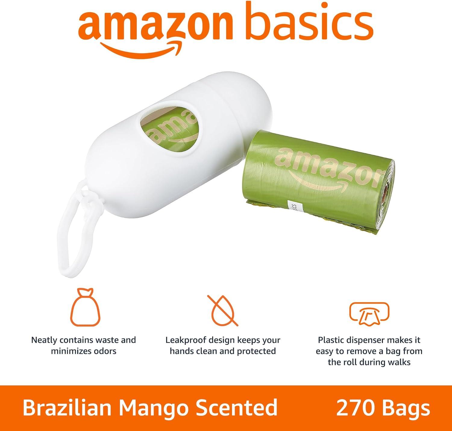 Amazon Basics Dog Poop Bags with Dispenser and Leash Clip, 33.02 X 22.86 CM, Brazilian Mango Scented - 270 Bags (18 Rolls) image number 6