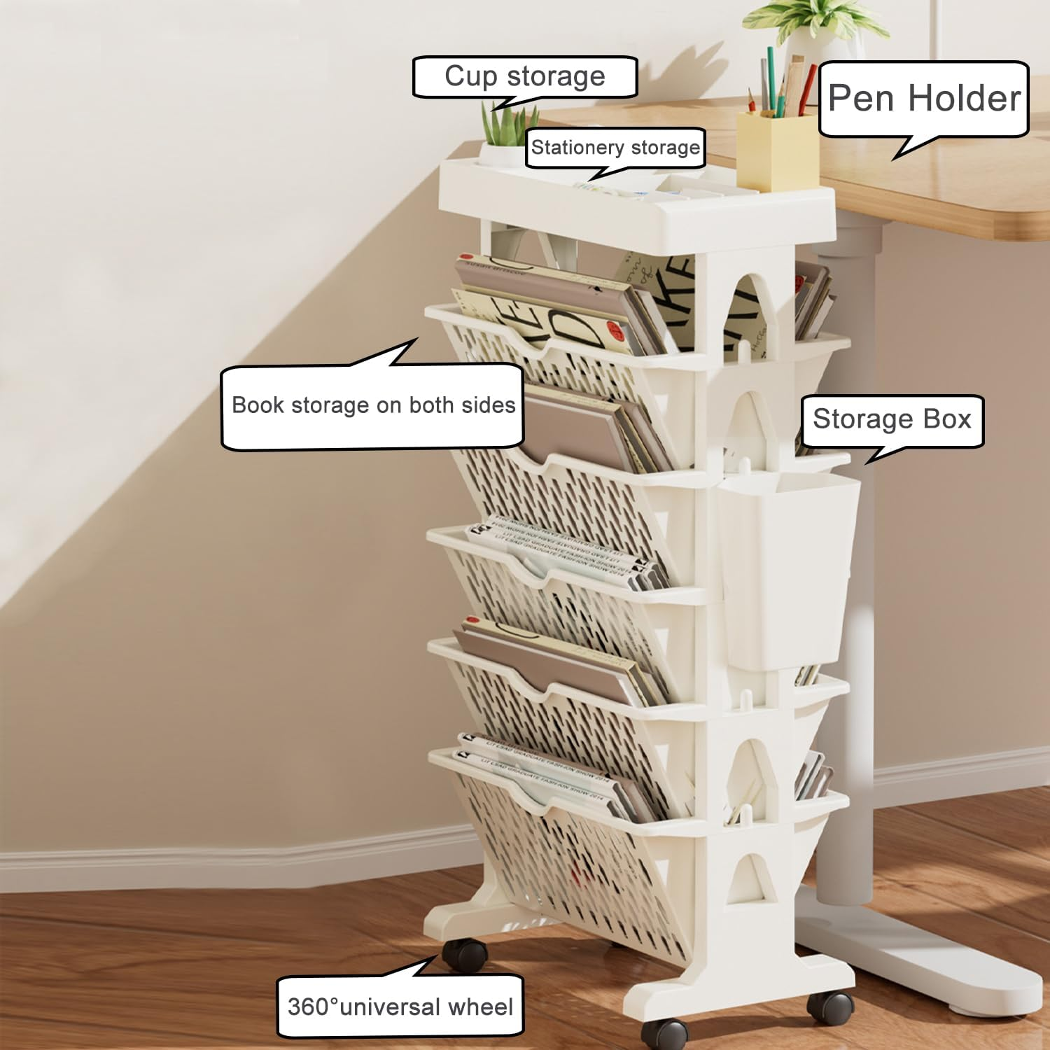 Uandhome 5 Tier Book Rack Storage Bookshelf, Removable Movable Unique Bookcase, Utility Organizer White Bookshelves Cart with Wheels for Students Study in Living Room Home Classroom School