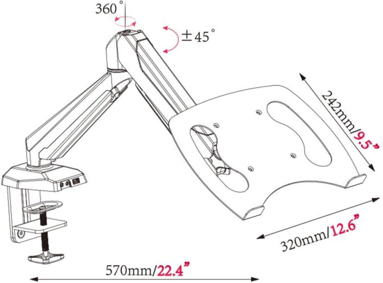 Acatana Single Computer Monitor Stand Arm Mount Desk with Laptop Tray Holder Adapter Bracket VESA 8Kg USB Audio Mic Ports Gas Spring Fits Laptops Notebooks image number 5