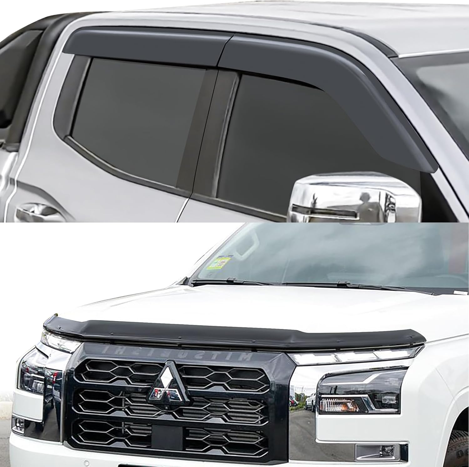 SUERAUTO4X4 Bonnet Protector Weather Shields for Mitsubishi Triton MV 2024 2025 Dual Cab Accessories, Tinted Black Bonnet Guard Injection Weathershields Window Visors Wind Deflectors