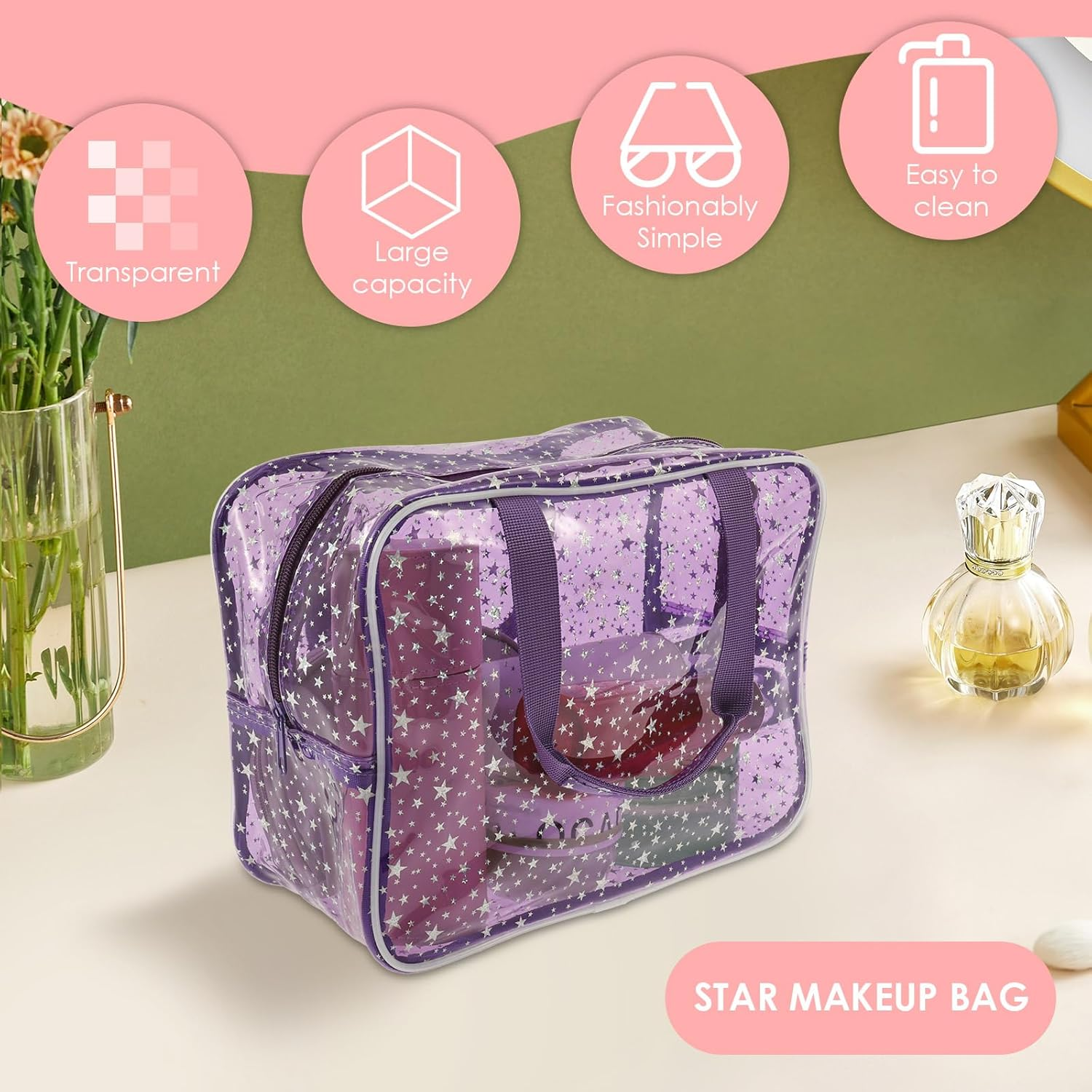 Rdjeokf 2 Pcs Clear Toiletry Bag, PVC Clear Makeup Bag with Handles, Portable Waterproof Travel Makeup Cosmetic Organizer, Carry on Airport Airline Compliantbag for Traveling Men Women image number 6