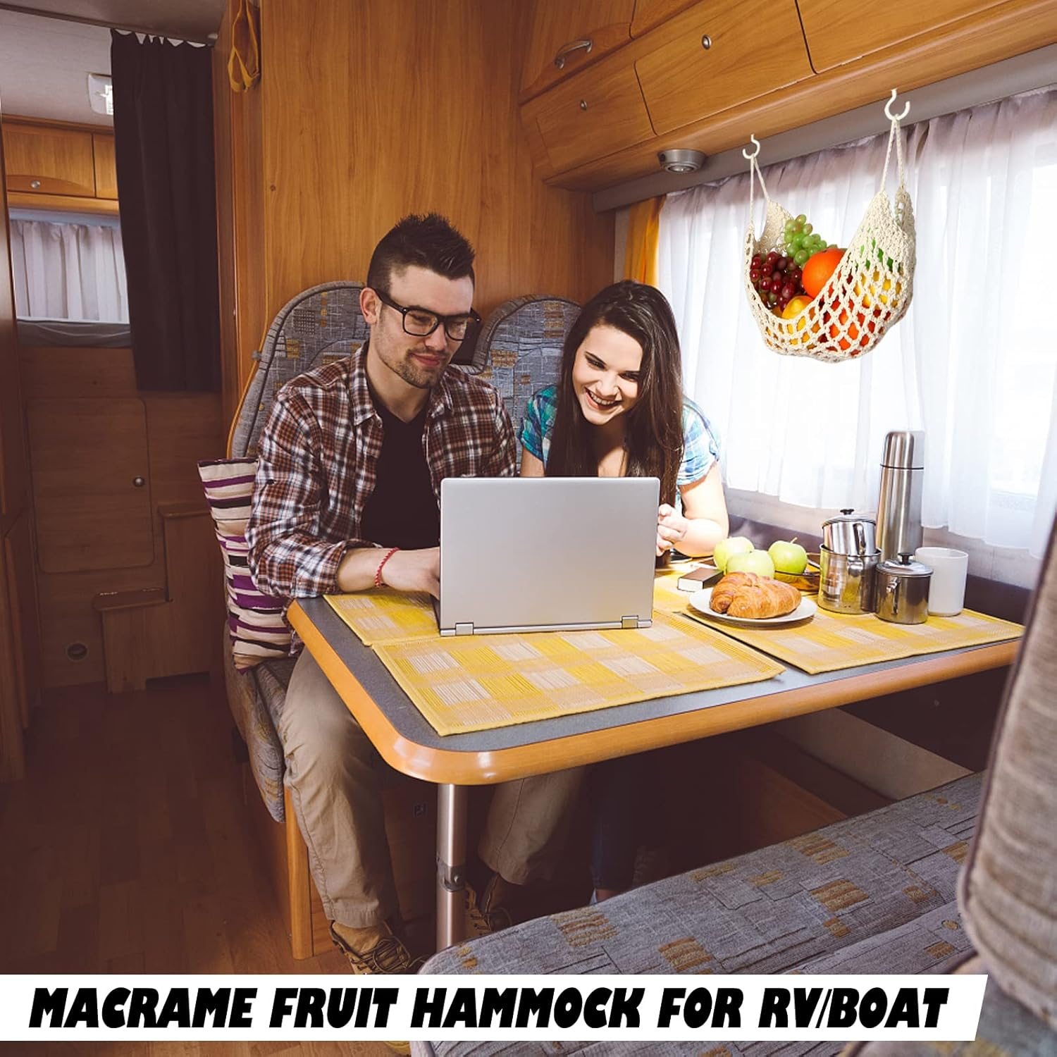 Hanging Fruit Hammock under Cabinet - Fruit and Veggie Basket - Macrame Fruit Hammock for Kitchen D&eacute;cor - Storage That Saves Counter for More Counter Space at Home, Boat, or Rv,With 4 Hooks. - Off-White-001 image number 2