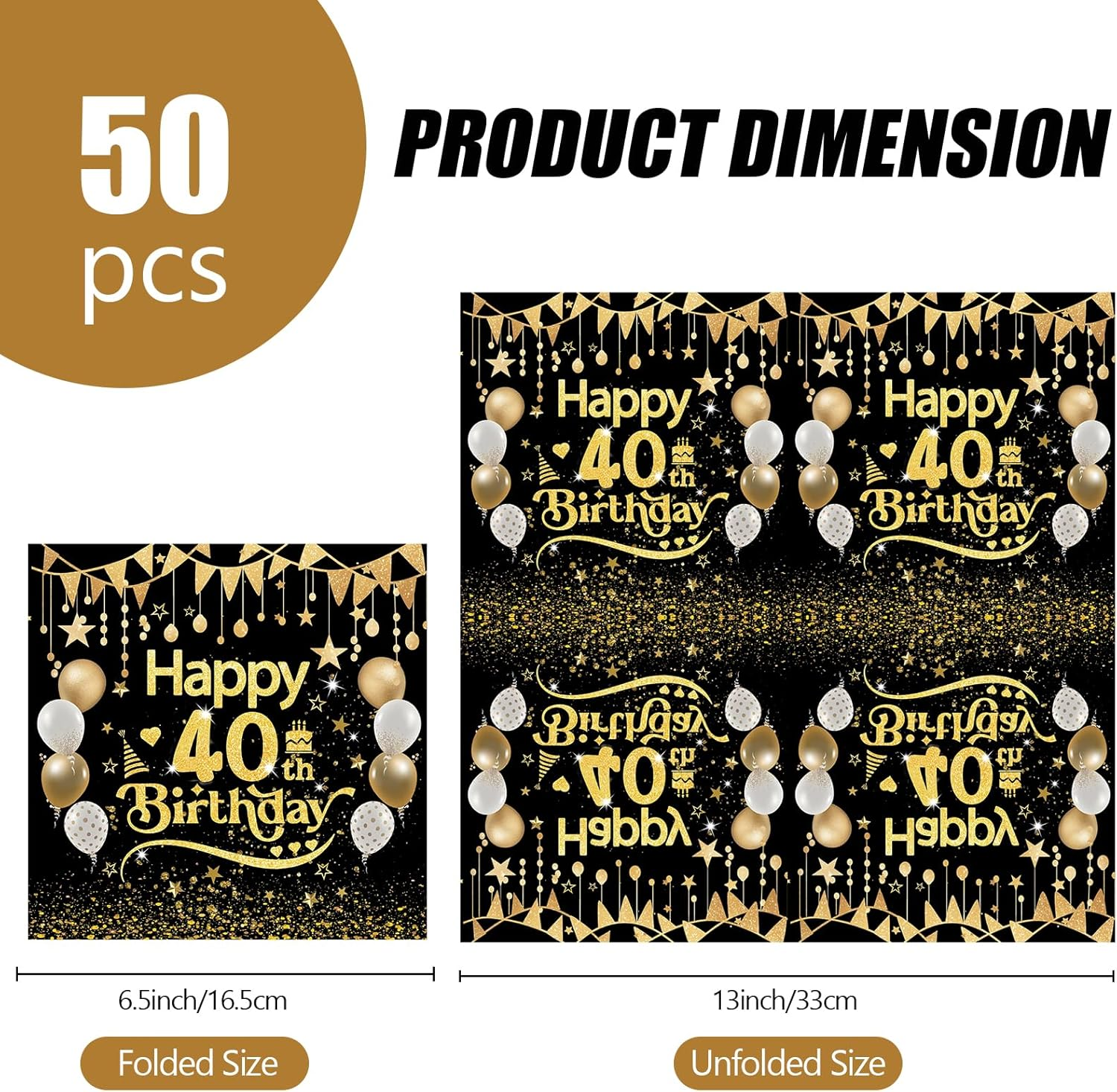 50Pcs Black and Gold 40Th Birthday Napkins - Disposable Paper Serviettes for Table Decorations for Boys Girls Men Him Her image number 6