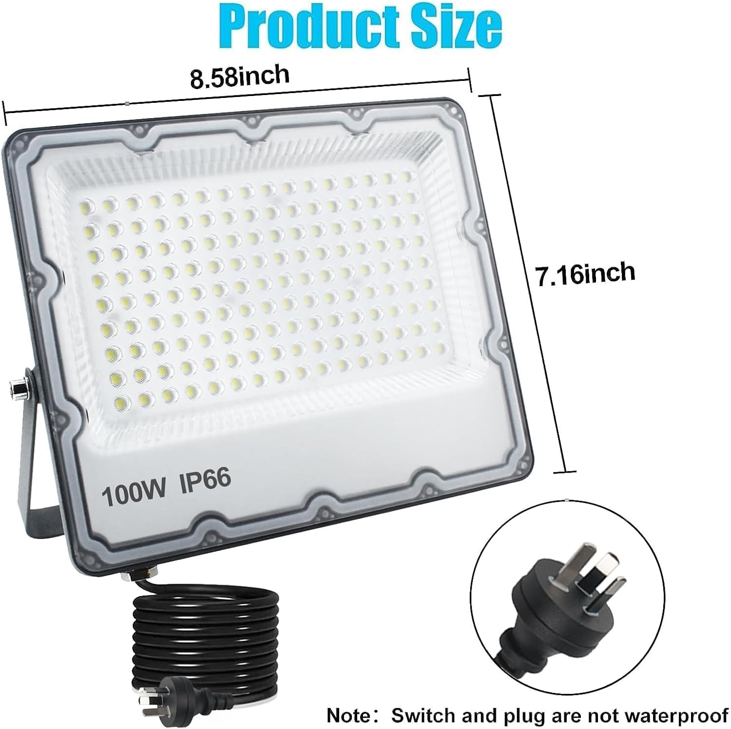 100W LED Flood Lights Plug In, Security Wall Lights Fixtures 6500K 10000LM Outdoor Indoor Illumination, IP66 Waterproof for Ball Ground, Parking Lot, Pathway, Yard, Garden (2 Pack) image number 4