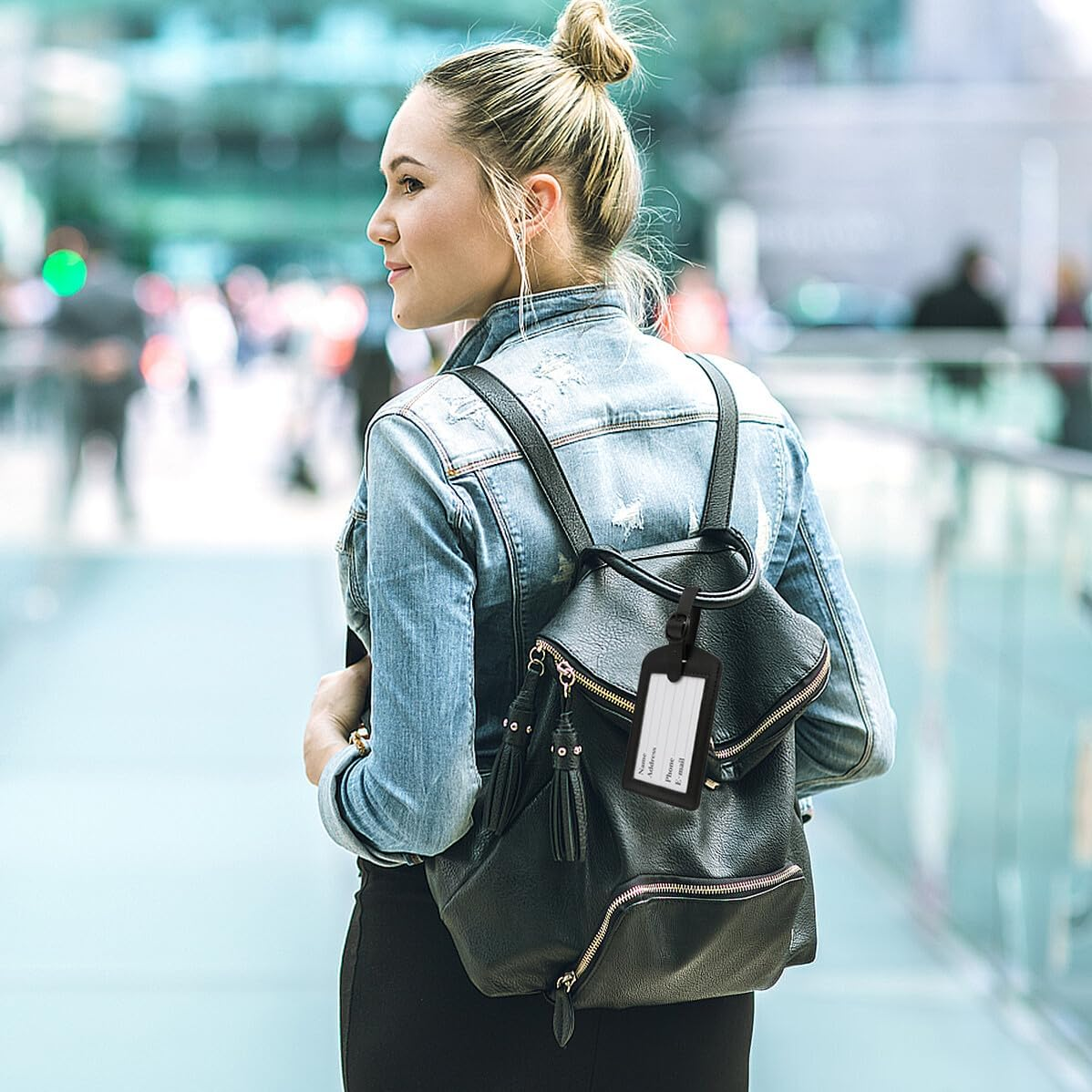 Holibanna 5Pcs PU Luggage Tags with Clasp Black Suitcase Labels for Travel Bags Reusable Id Tags for Suitcase Handbag Backpack Briefcase Identifier image number 5