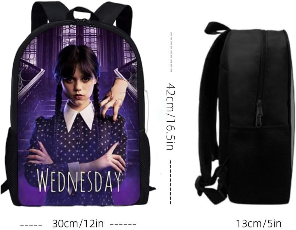 AII Lover 3Pcs Wednesday Backpack Keychain,16.5In Lightweight 3D Print Large Capacity Bookbag Travel Outdoor Camping Daypack School Bag. image number 4