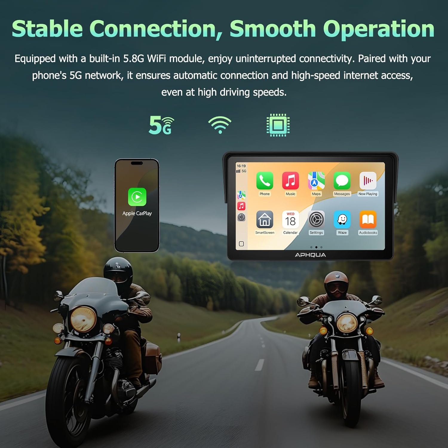 APHQUA Motocycle Carplay-7-Inch Motorcycle GPS Navigation System with Apple Carplay & Android Auto, Waterproof Touchscreen, Bluetooth, IP67 Waterproof for Motorbike, Support Siri & Google Assistant image number 3