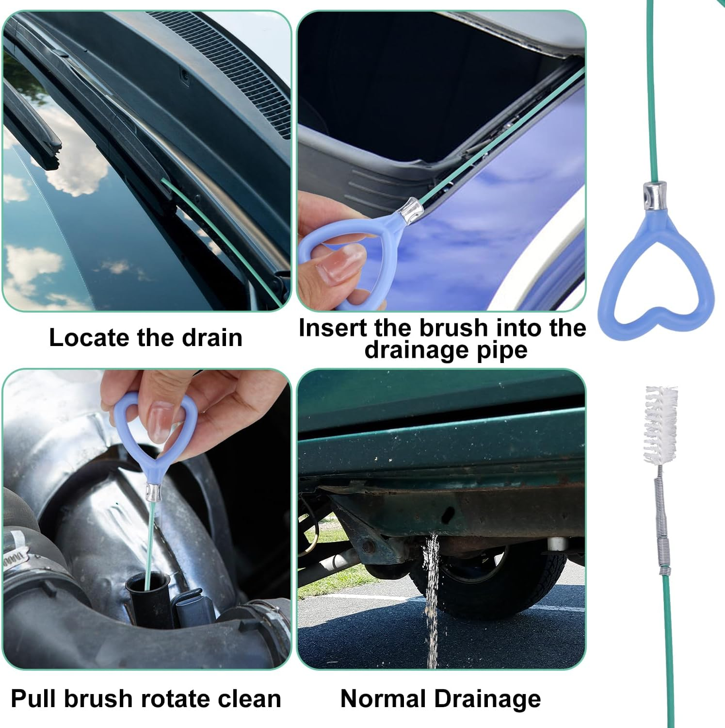 Sunroof Drain Cleaning Tool, 118In Long Wire Pipe Cleaner with 2 Straight Straight Cleaning Brushes Heart Handle Design Drain Hole Cleaner for Auto Car Sunroof Wiper